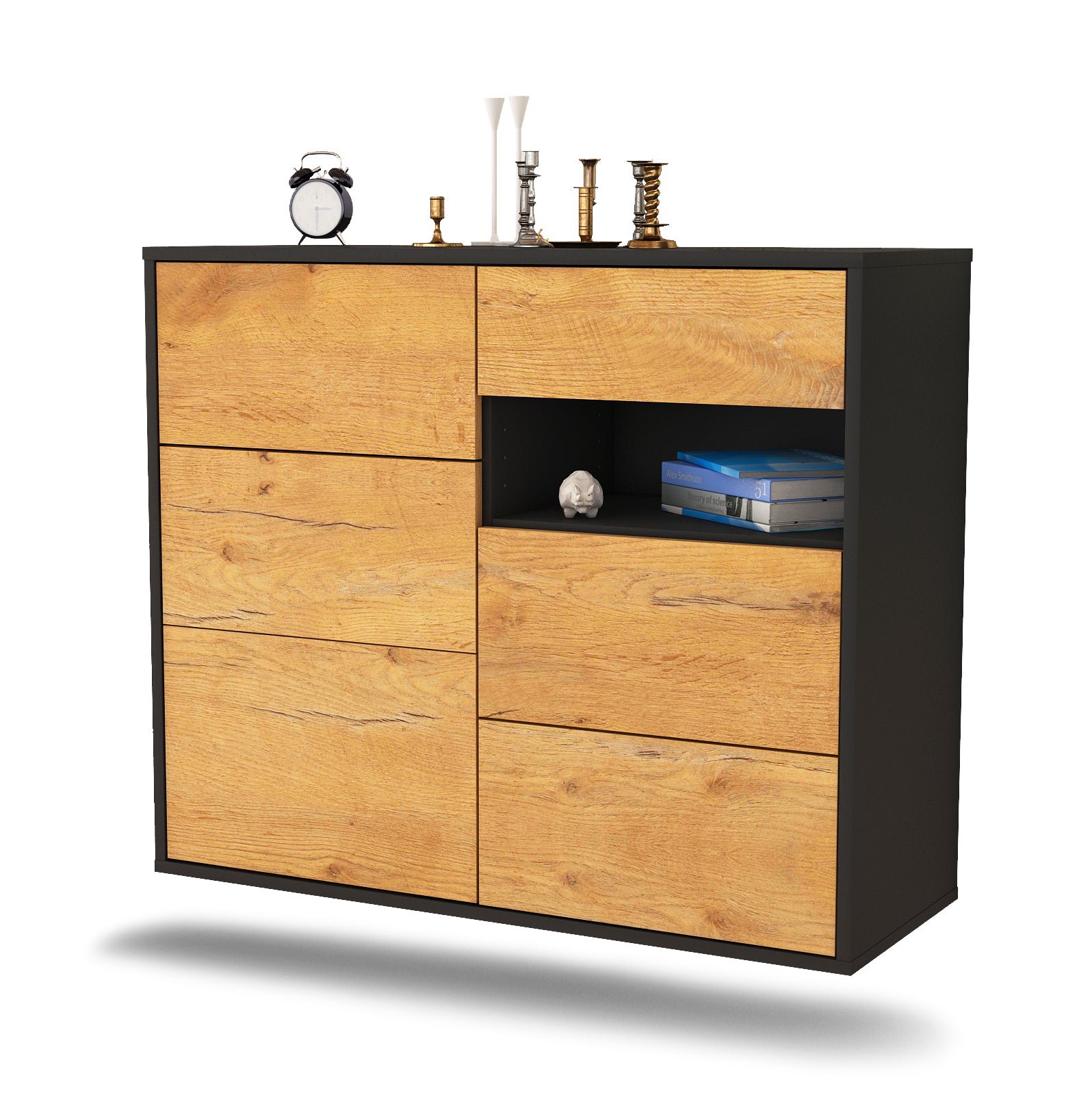 Sideboard - Dariella - Design Holzdekor - Wandmontiert mit Push to open  92 cm Anthrazit