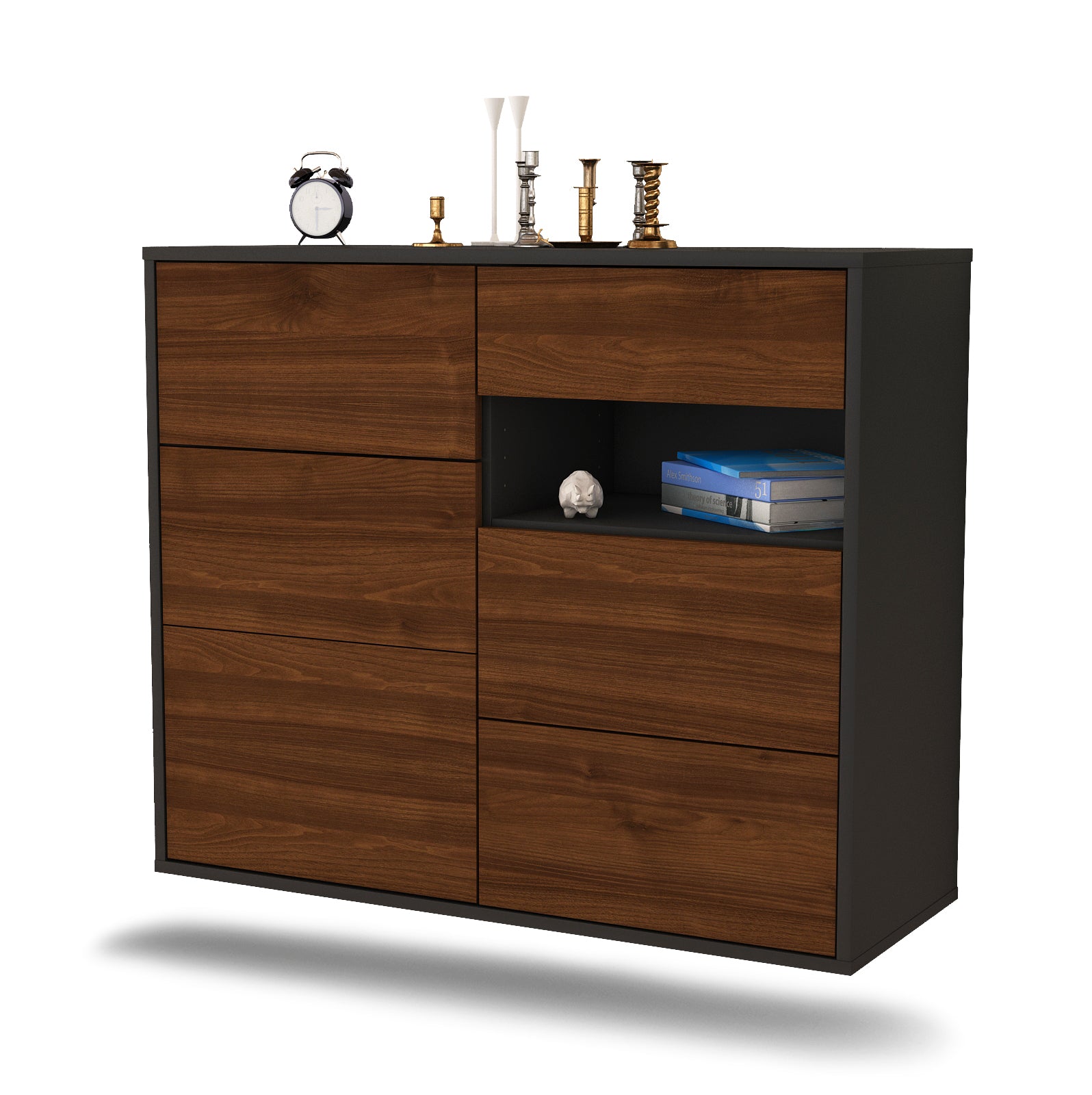 Sideboard - Dariella - Design Holzdekor - Wandmontiert mit Push to open  92 cm Anthrazit