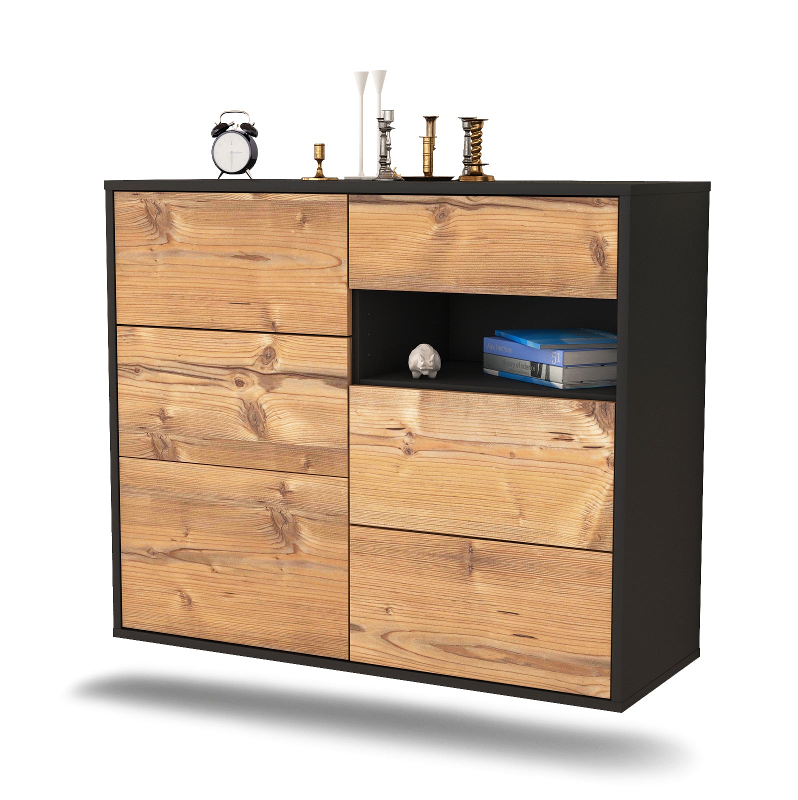 Sideboard - Dariella - Design Holzdekor - Wandmontiert mit Push to open  92 cm Anthrazit