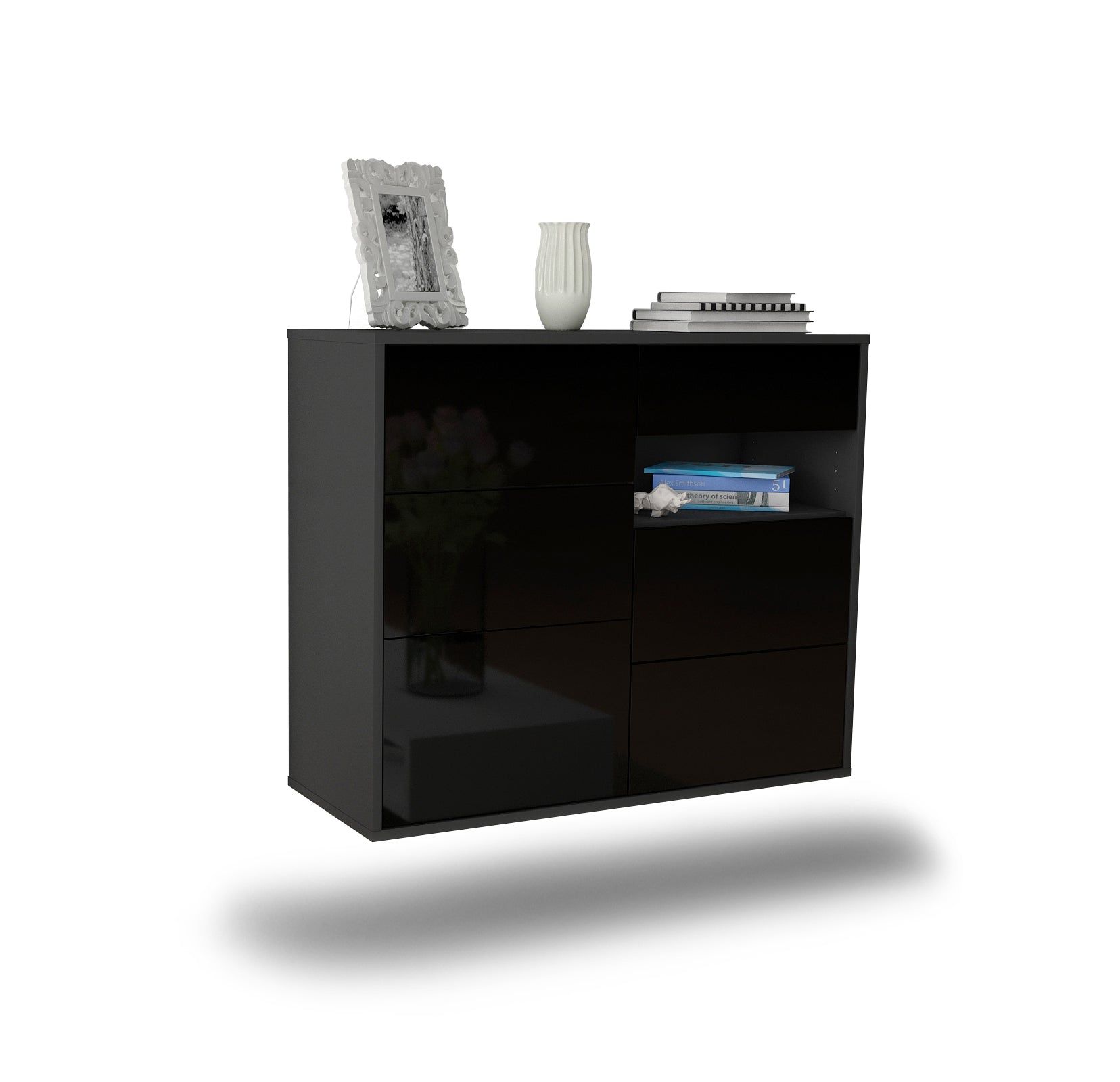 Sideboard - Dariella - Design Hochglanz - Wandmontiert mit Push to open  92 cm Anthrazit