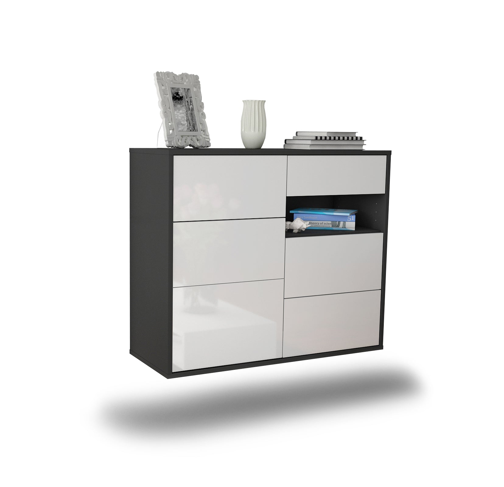 Sideboard - Dariella - Design Hochglanz - Wandmontiert mit Push to open  92 cm Anthrazit