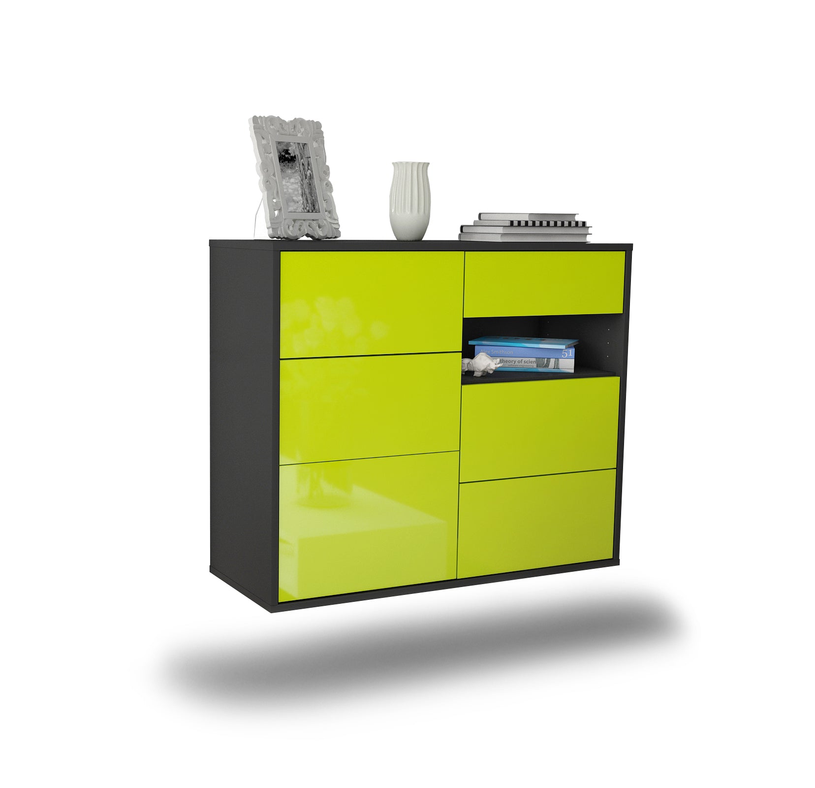 Sideboard - Dariella - Design Hochglanz - Wandmontiert mit Push to open  92 cm Anthrazit