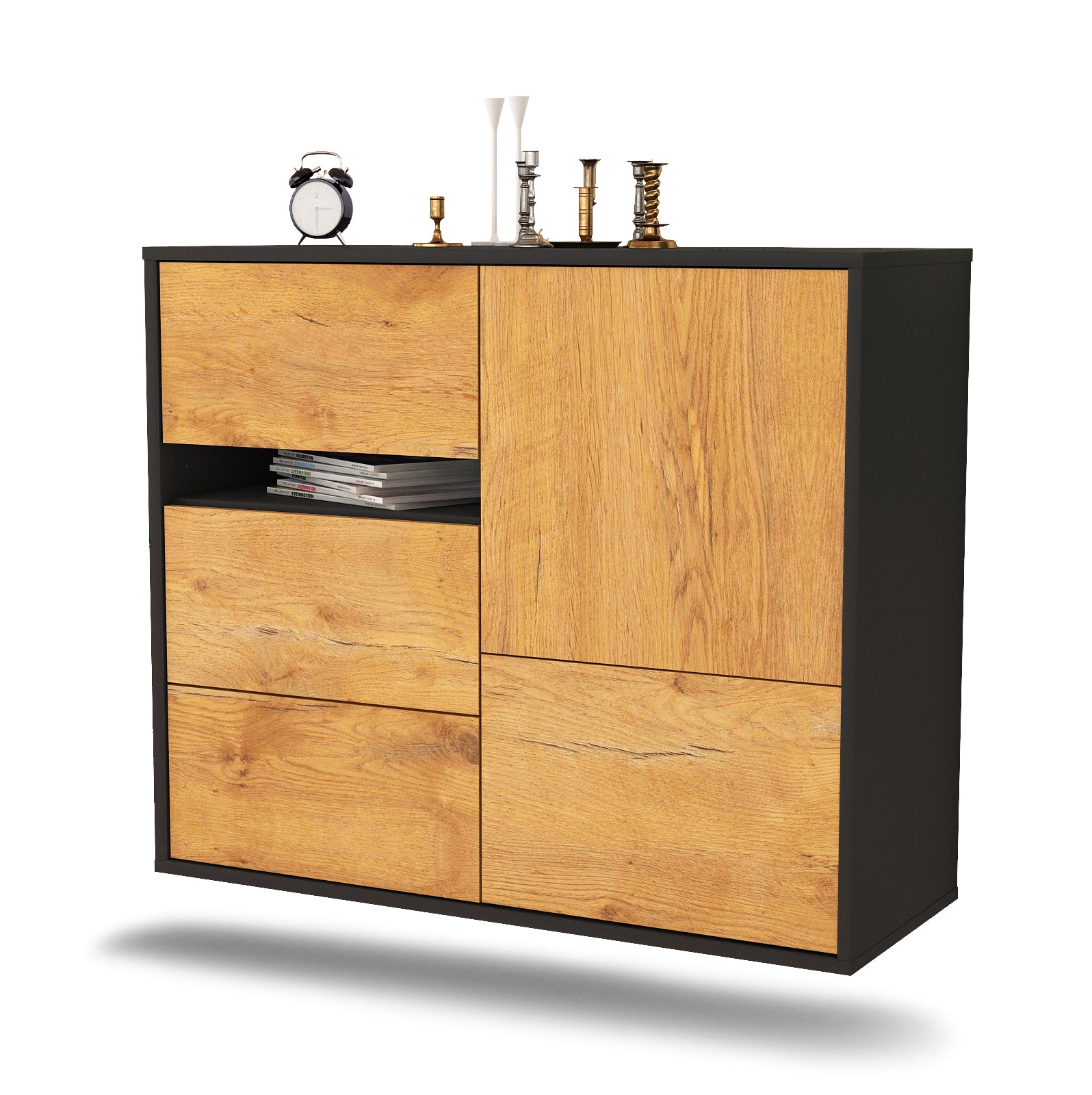 Sideboard - Davina - Design Holzdekor - Wandmontiert mit Push to open  92 cm Anthrazit