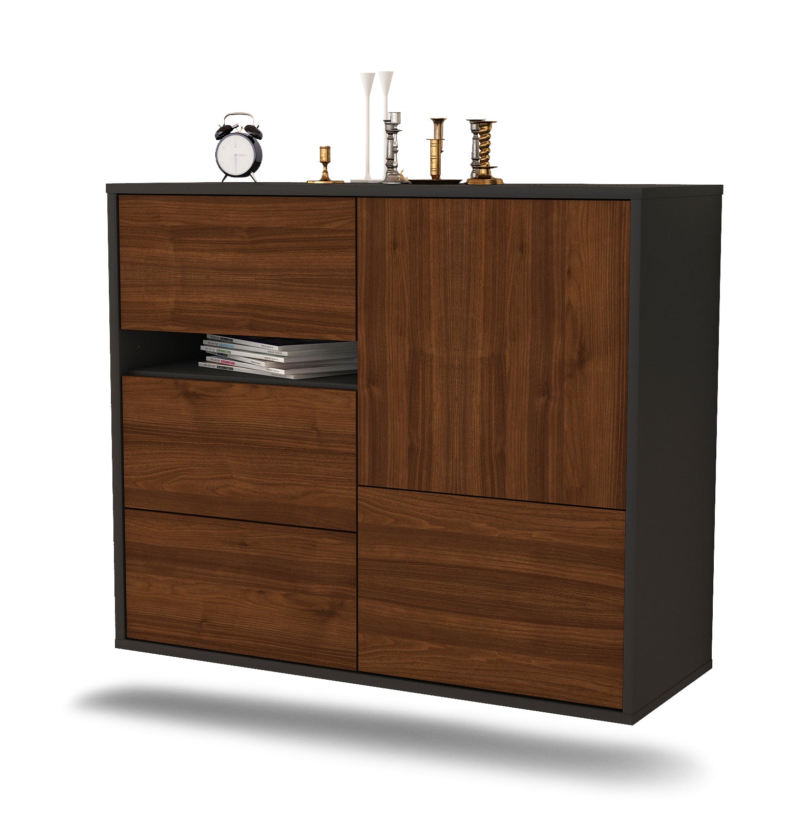 Sideboard - Davina - Design Holzdekor - Wandmontiert mit Push to open  92 cm Anthrazit