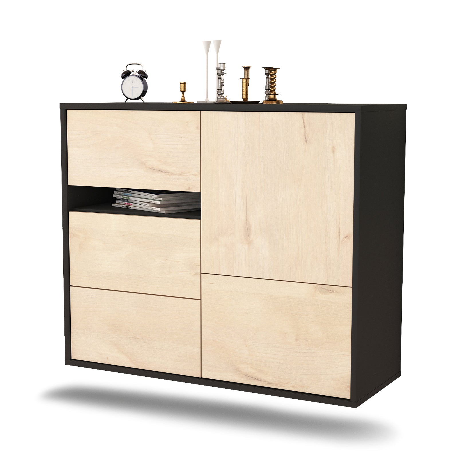 Sideboard - Davina - Design Holzdekor - Wandmontiert mit Push to open  92 cm Anthrazit