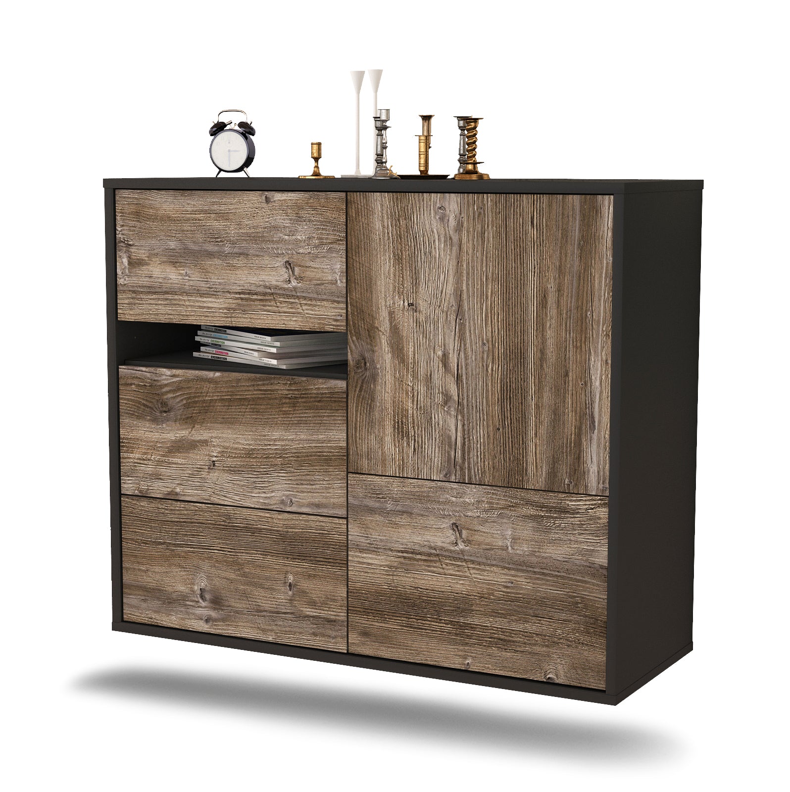 Sideboard - Davina - Design Holzdekor - Wandmontiert mit Push to open  92 cm Anthrazit