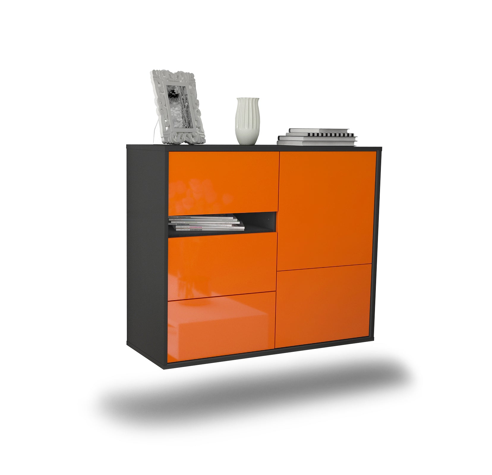 Sideboard - Davina - Design Hochglanz - Wandmontiert mit Push to open  92 cm Anthrazit