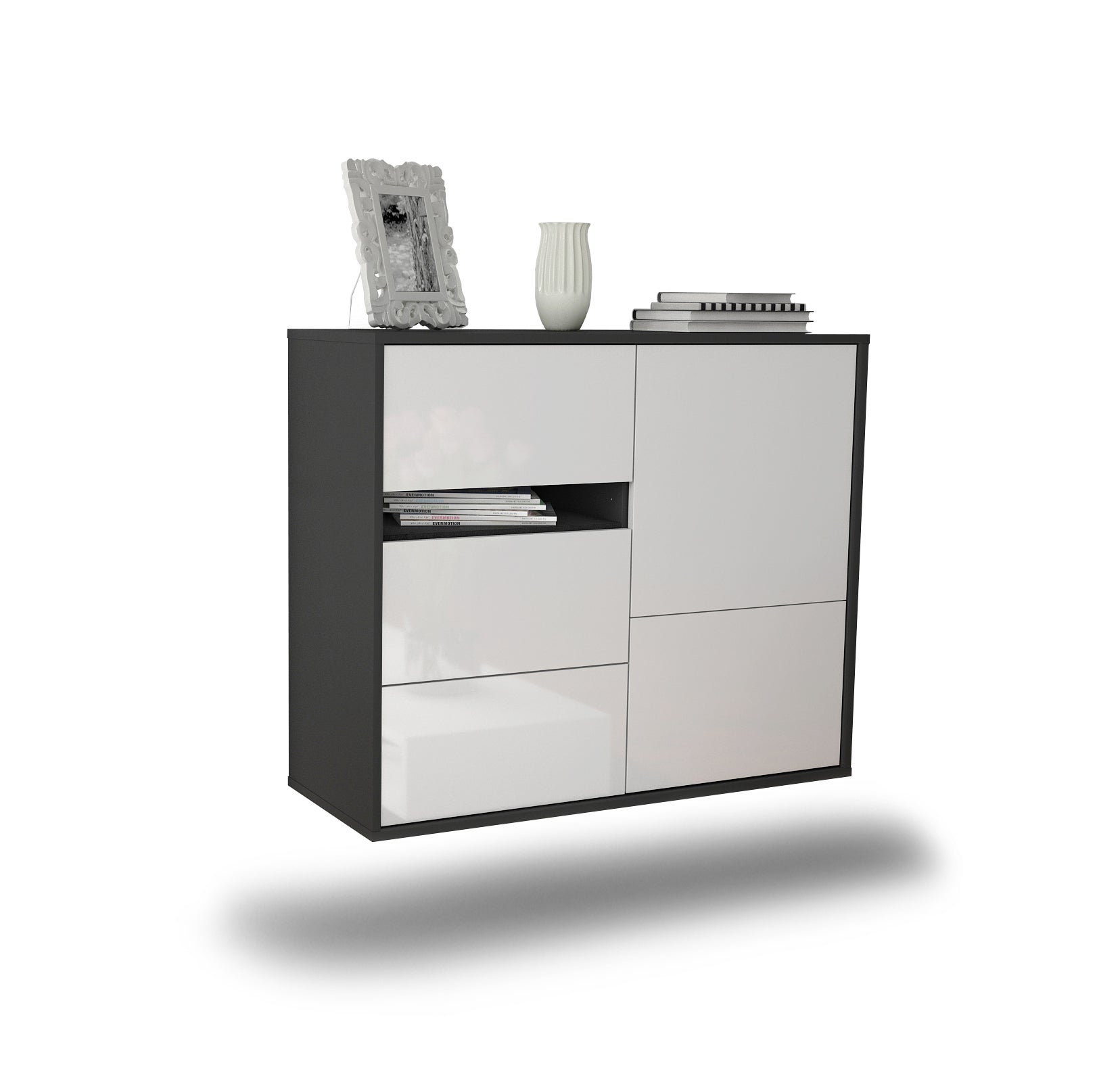 Sideboard - Davina - Design Hochglanz - Wandmontiert mit Push to open  92 cm Anthrazit