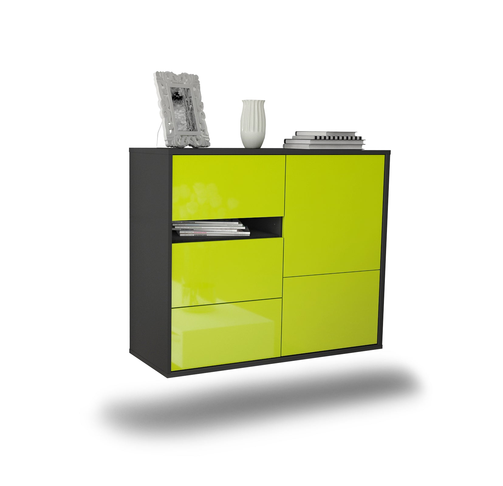 Sideboard - Davina - Design Hochglanz - Wandmontiert mit Push to open  92 cm Anthrazit