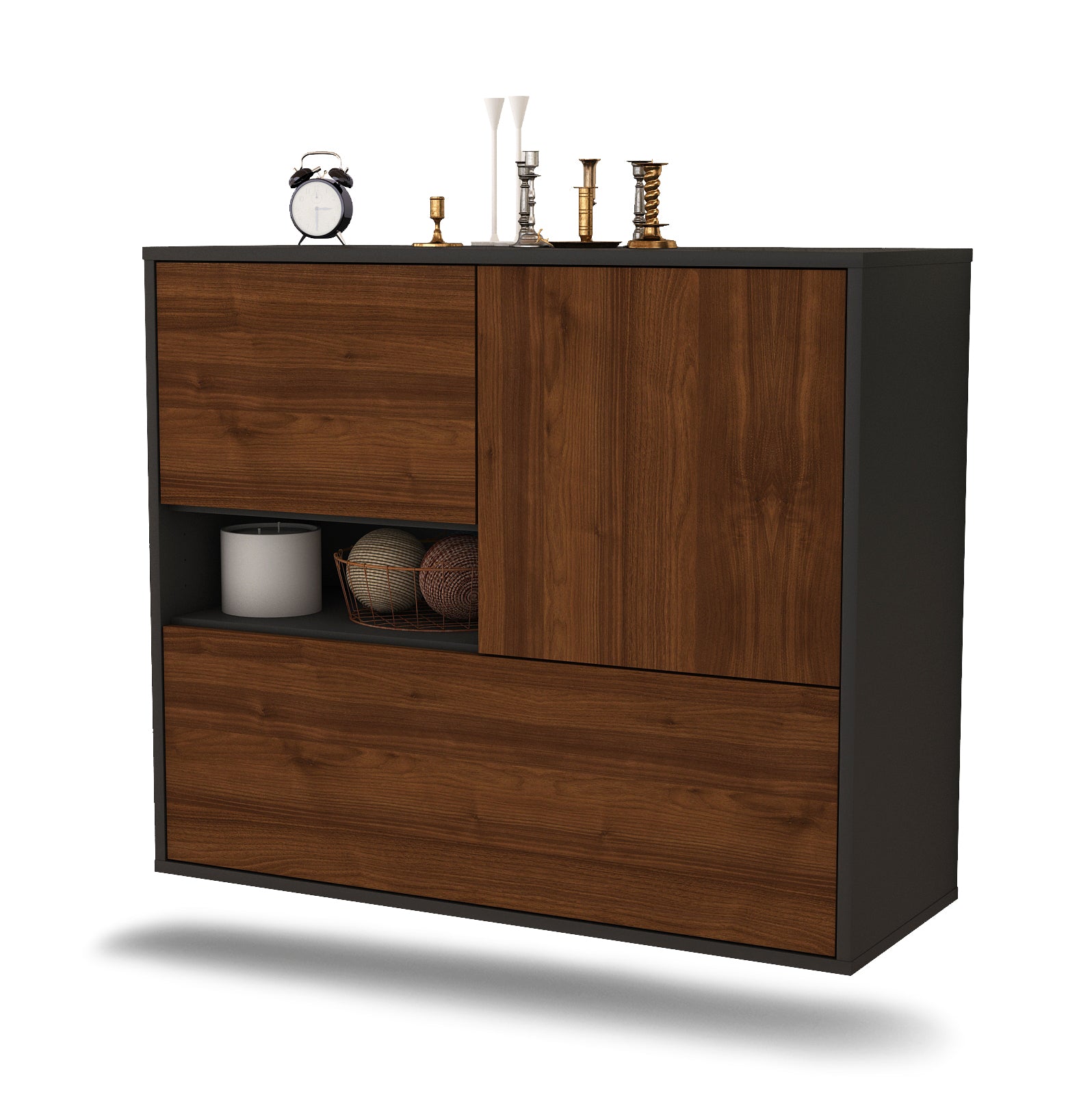 Sideboard - Debora - Design Holzdekor - Wandmontiert mit Push to open  92 cm Anthrazit