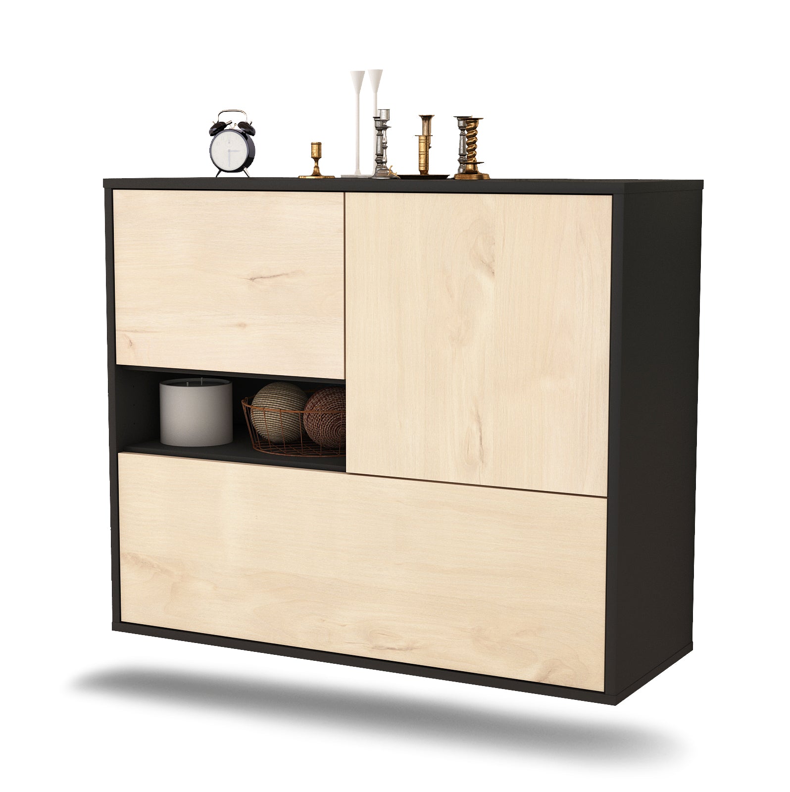 Sideboard - Debora - Design Holzdekor - Wandmontiert mit Push to open  92 cm Anthrazit