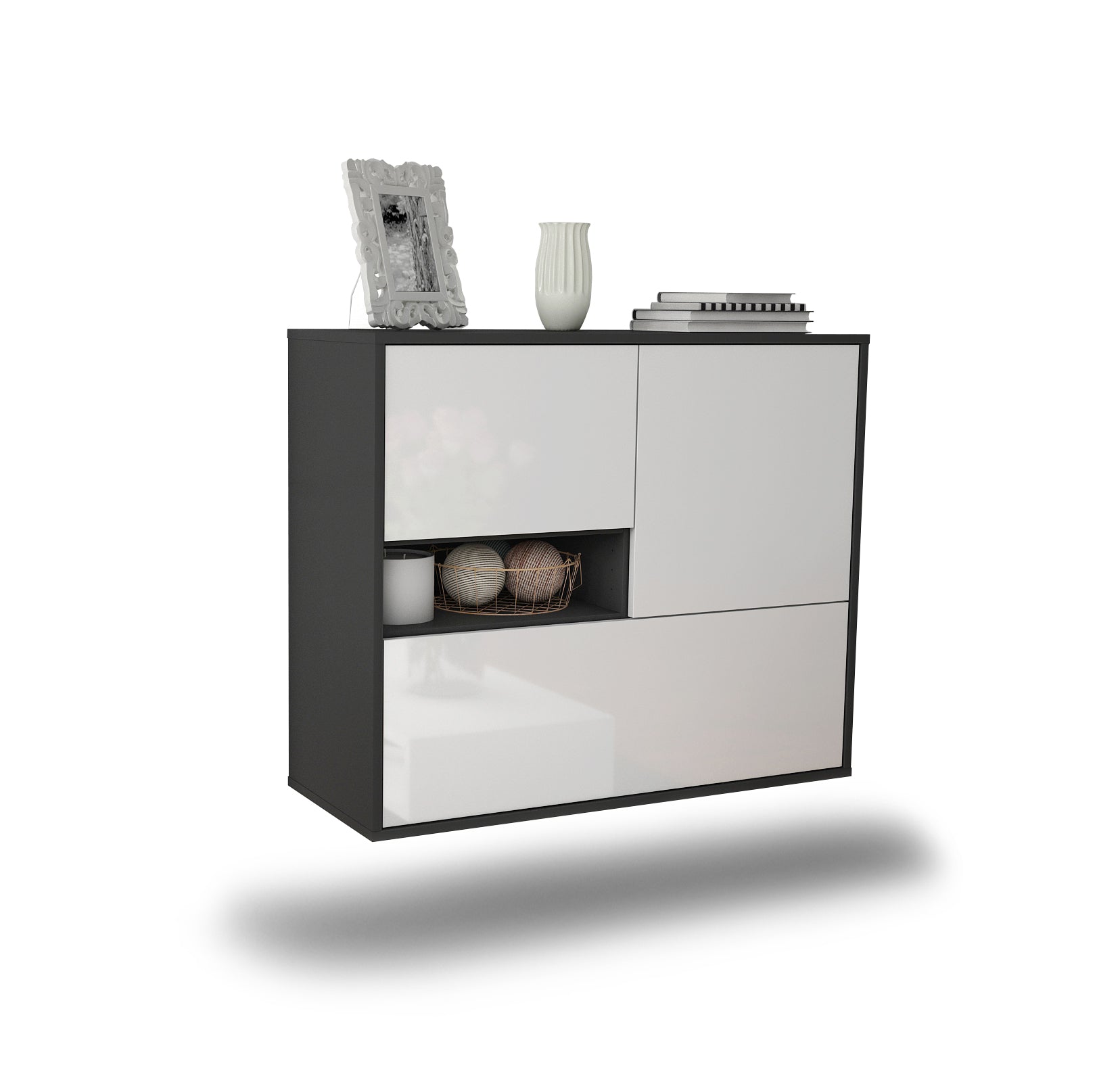 Sideboard - Debora - Design Hochglanz - Wandmontiert mit Push to open  92 cm Anthrazit