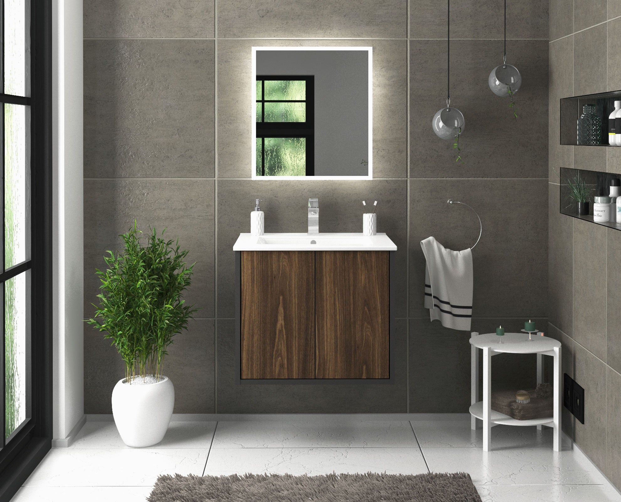 Waschtisch - Evelou - Design Holz-Dekor Dunkel/Anthrazit - Wandmontage mit Push to Open - 60 cm