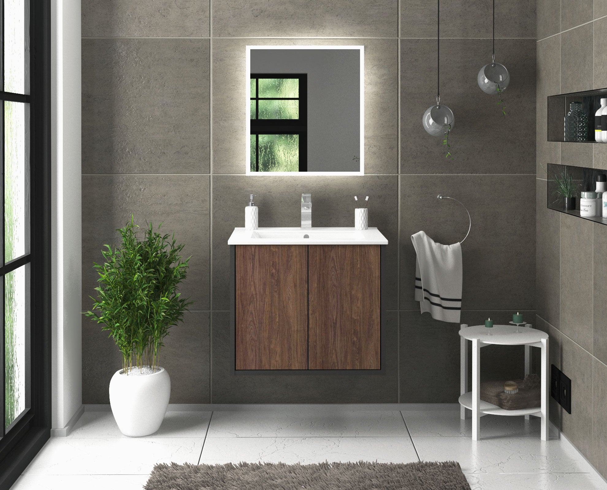 Waschtisch - Evelou - Design Holz-Dekor Dunkel/Anthrazit - Wandmontage mit Push to Open - 60 cm