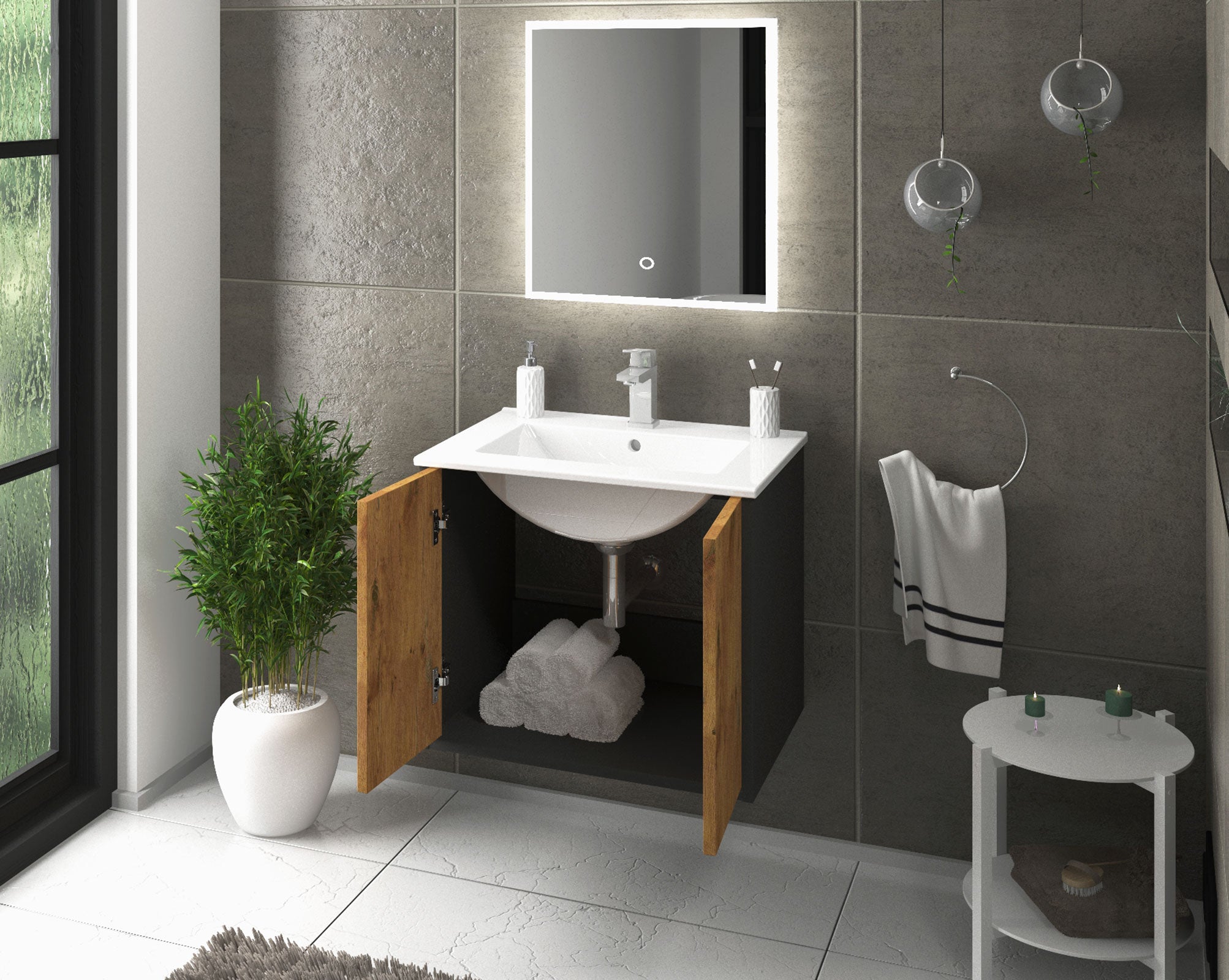 Waschtisch - Evelou - Design Holz-Dekor Dunkel/Anthrazit - Wandmontage mit Push to Open - 60 cm