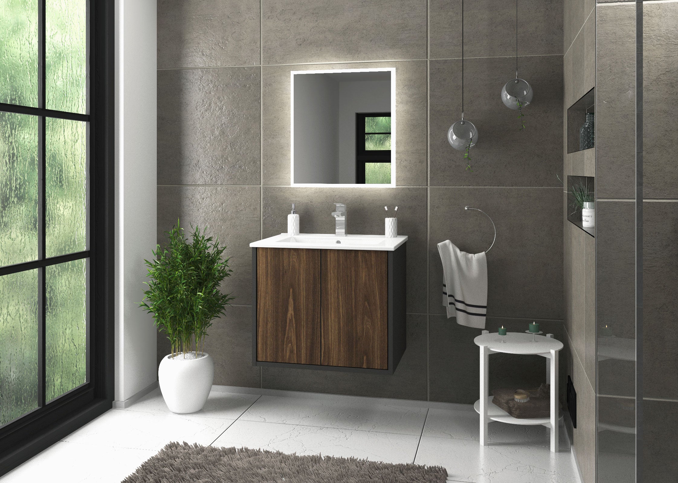Waschtisch - Evelou - Design Holz-Dekor Dunkel/Anthrazit - Wandmontage mit Push to Open - 60 cm