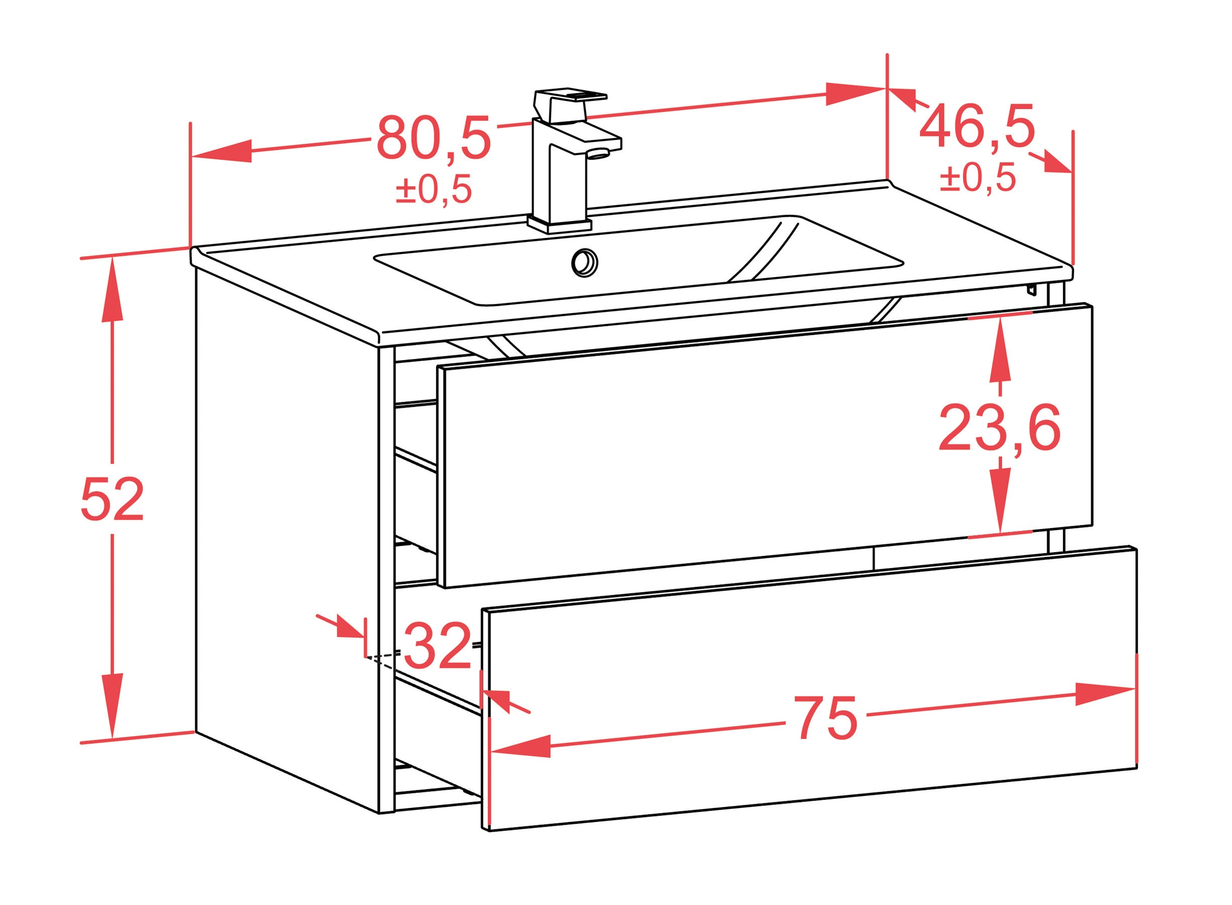 Waschtisch - Evelia - Design Unifarb-Dekor/Weiss - Wandmontage mit Push to Open - 80 cm