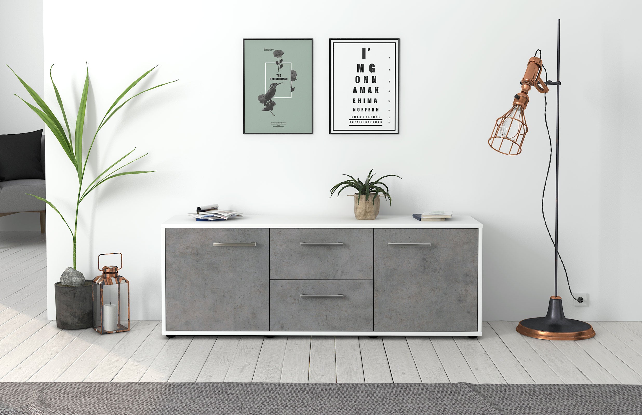 Lowboard - Alma - Design Industrie Stil - Freistehend mit Griffe 136 cm Weiss