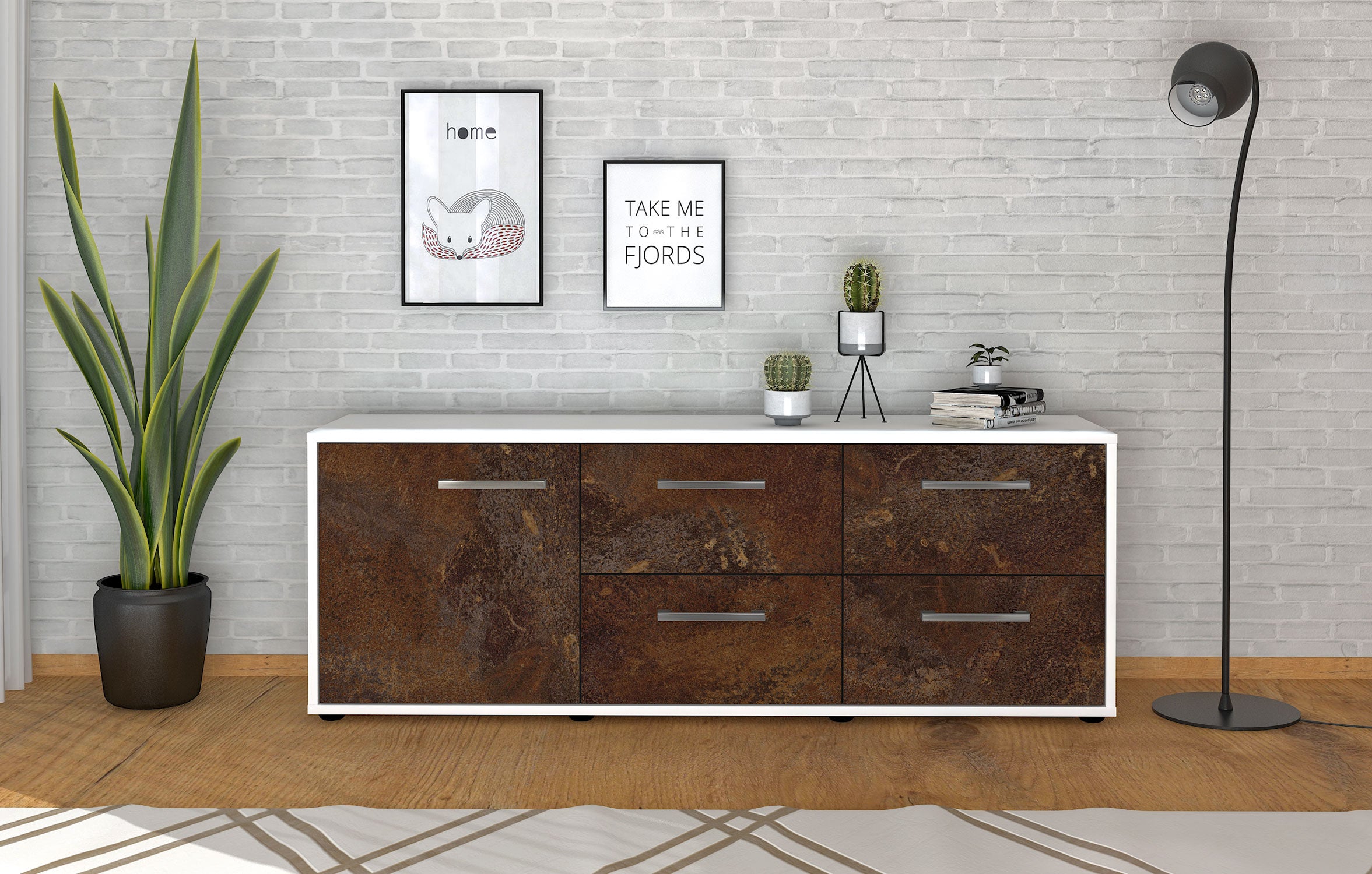 Lowboard - Aloisia - Design Industrie Stil - Freistehend mit Griffe 136 cm Weiss