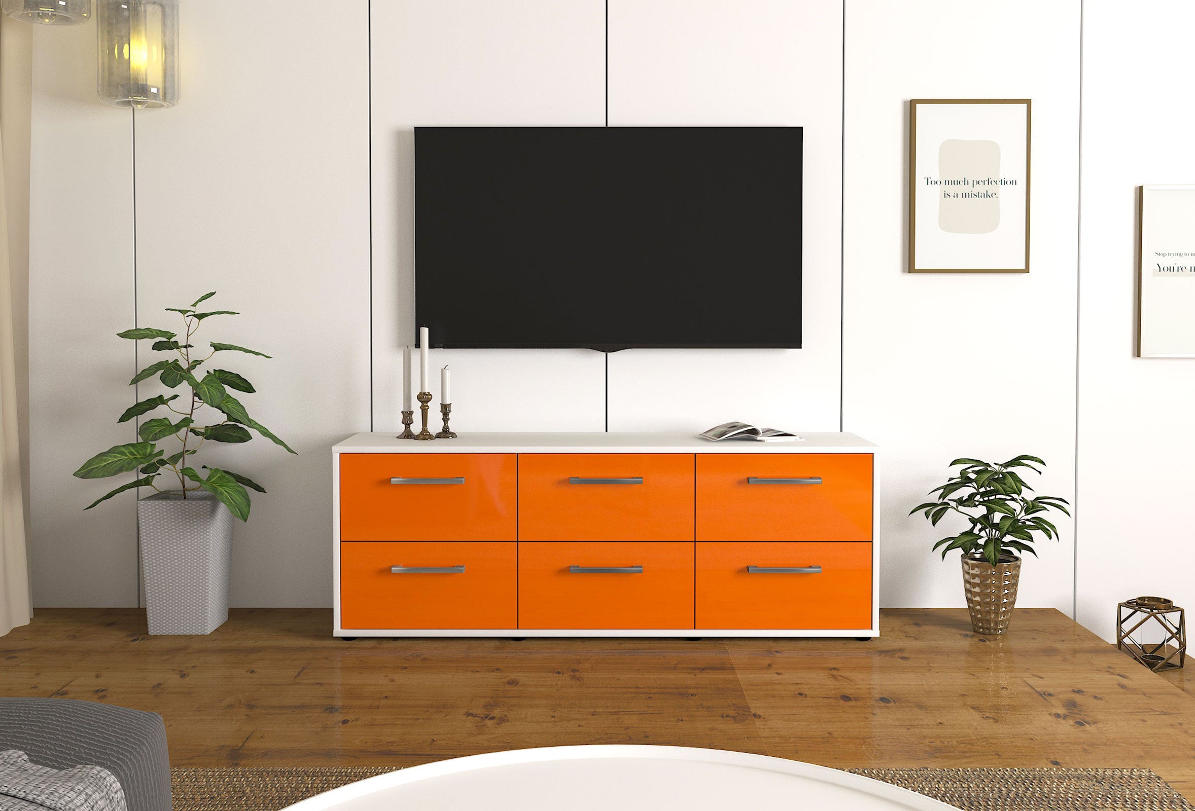 Lowboard - Alva - Design Hochglanz - Freistehend mit Griffe 136 cm Weiss