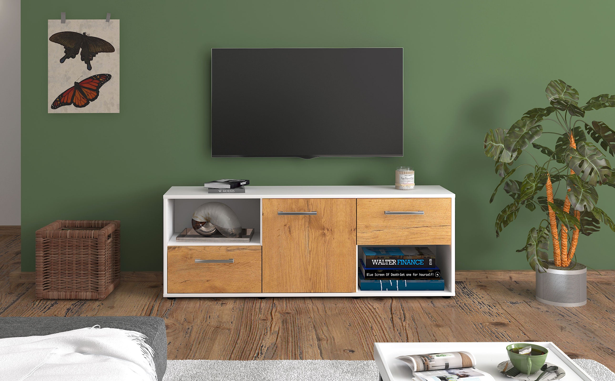Lowboard - Ambra - Design Holzdekor - Freistehend mit Griffe 136 cm Weiss