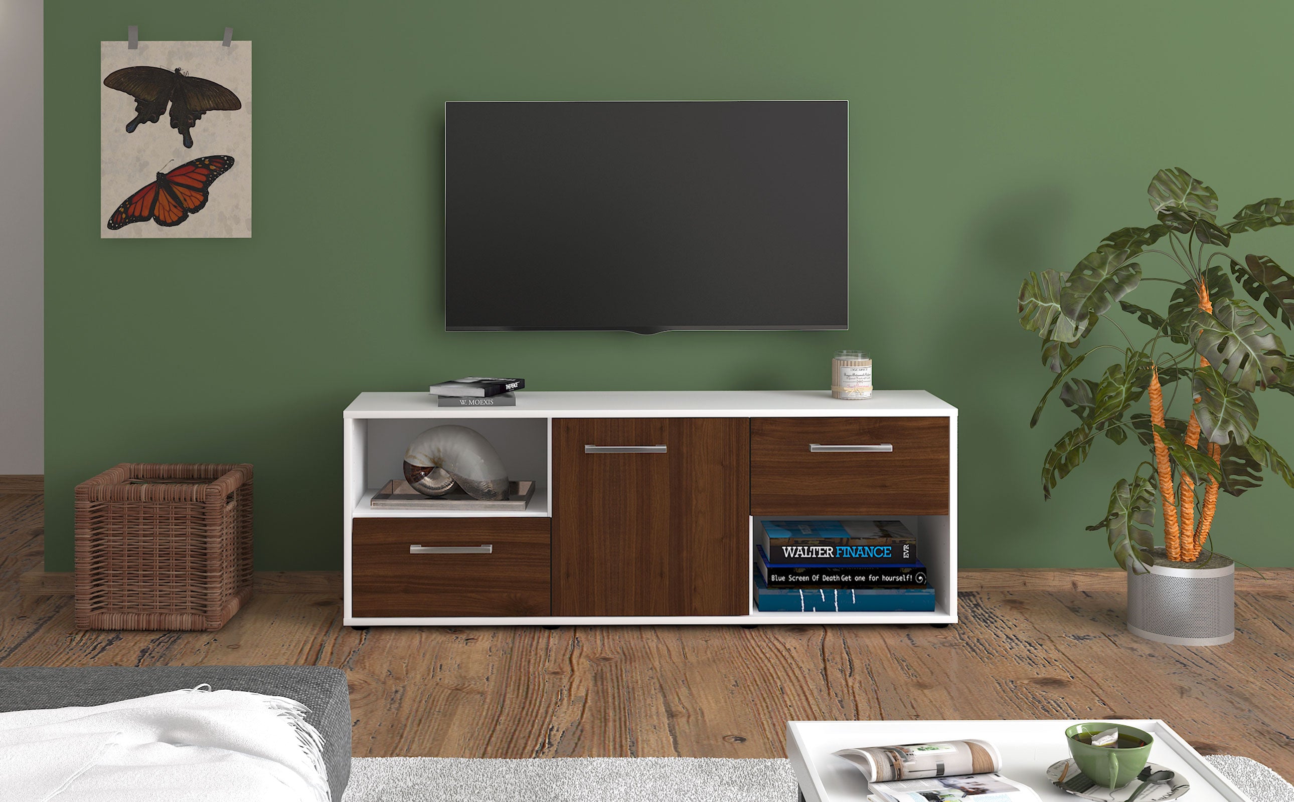 Lowboard - Ambra - Design Holzdekor - Freistehend mit Griffe 136 cm Weiss