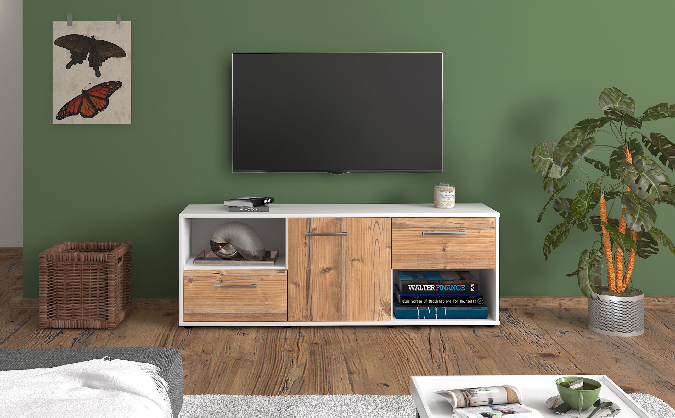 Lowboard - Ambra - Design Holzdekor - Freistehend mit Griffe 136 cm Weiss