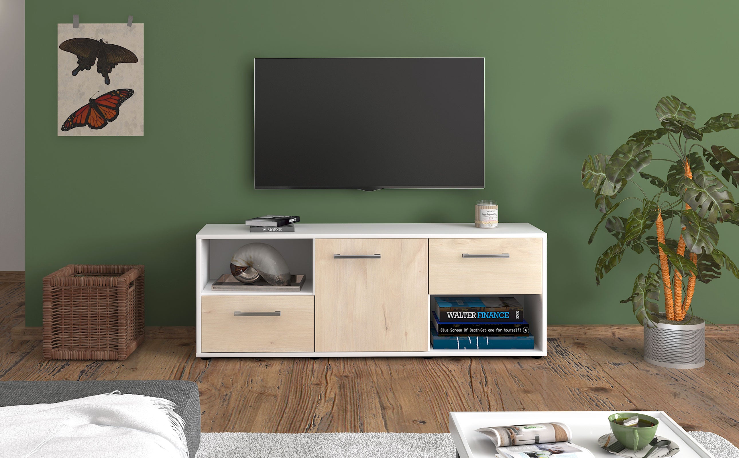 Lowboard - Ambra - Design Holzdekor - Freistehend mit Griffe 136 cm Weiss