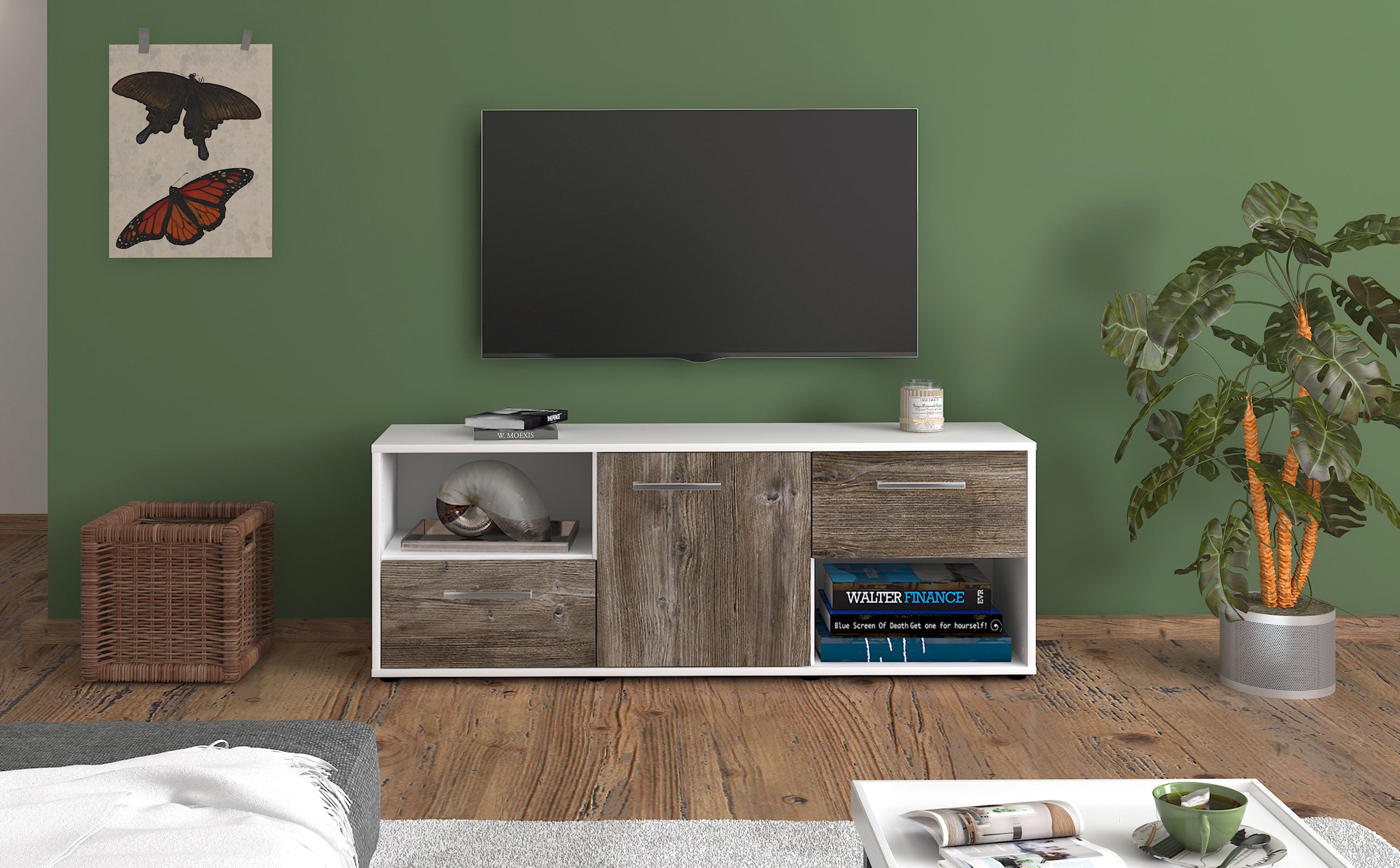 Lowboard - Ambra - Design Holzdekor - Freistehend mit Griffe 136 cm Weiss