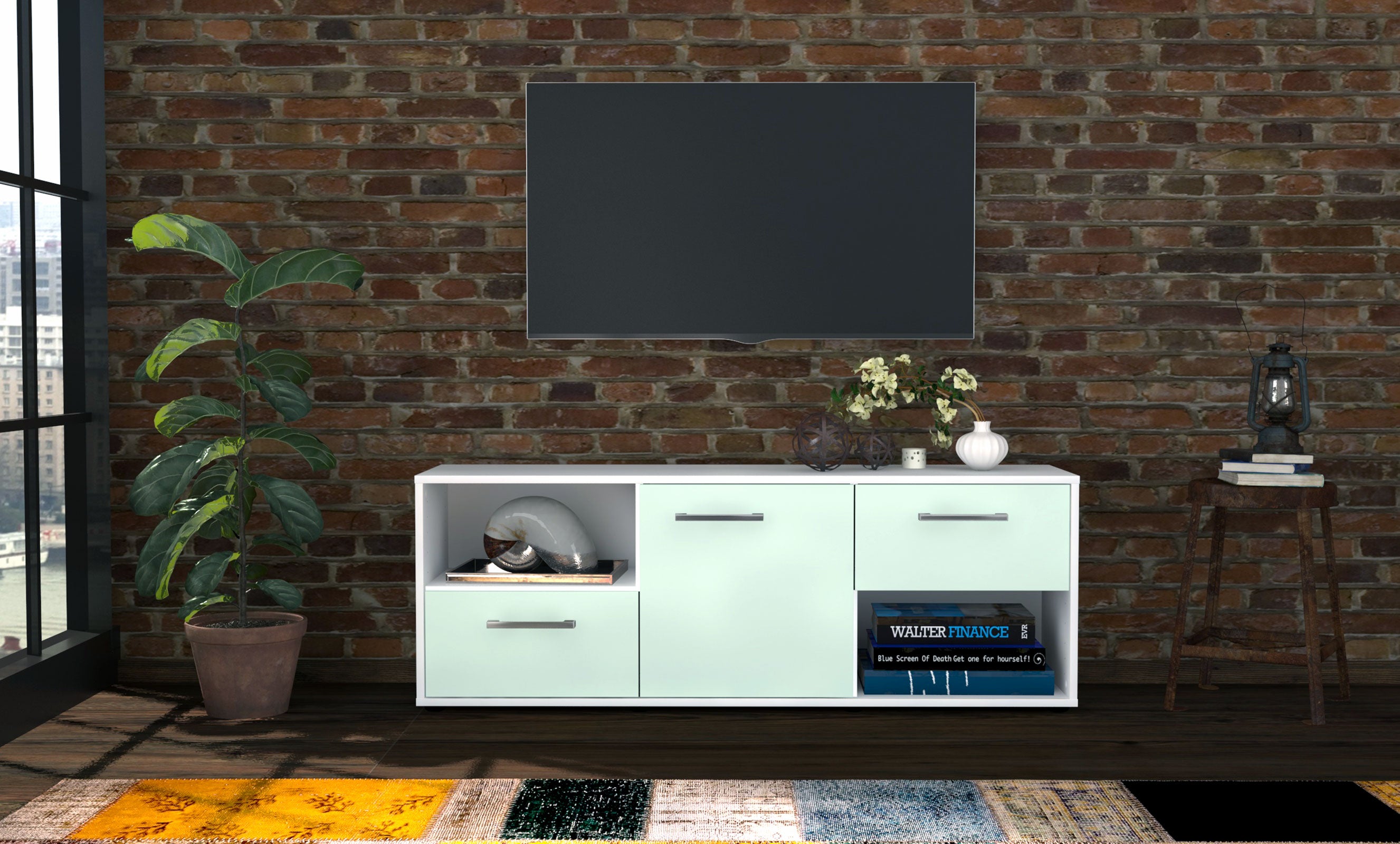Lowboard - Ambra - Design Farbakzent - Freistehend mit Griffe 136 cm Weiss