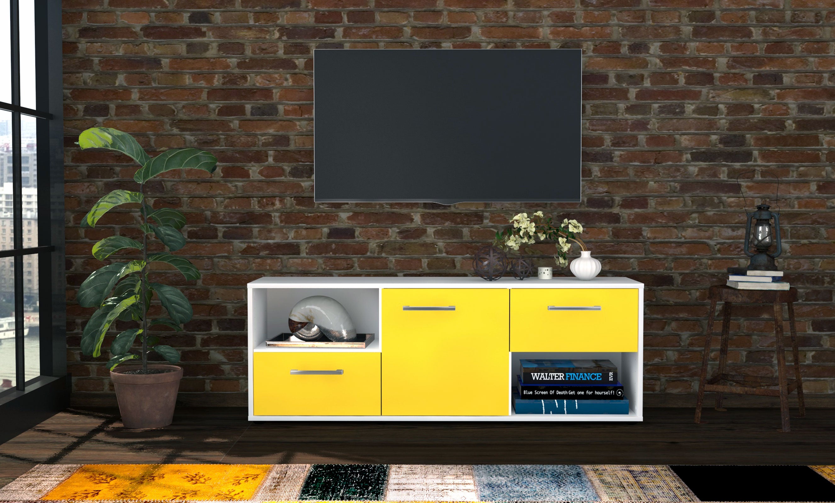 Lowboard - Ambra - Design Farbakzent - Freistehend mit Griffe 136 cm Weiss
