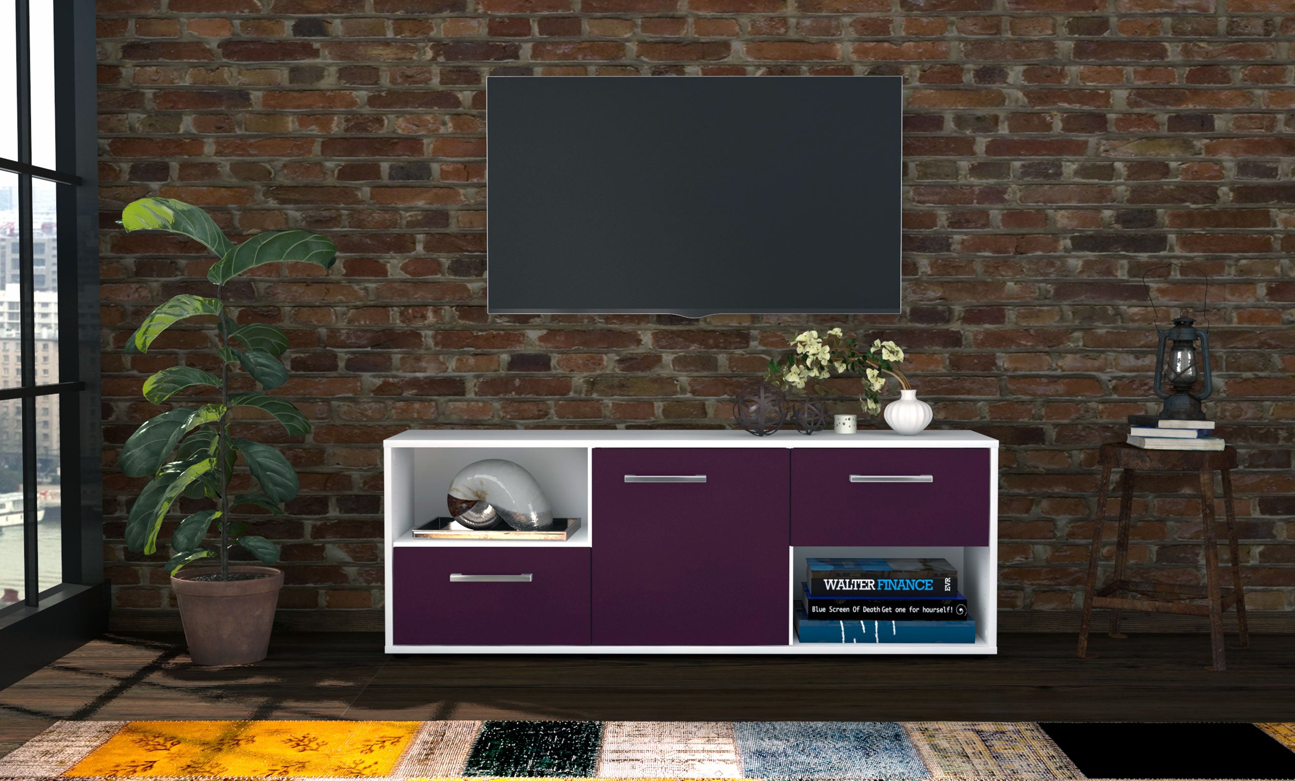 Lowboard - Ambra - Design Farbakzent - Freistehend mit Griffe 136 cm Weiss