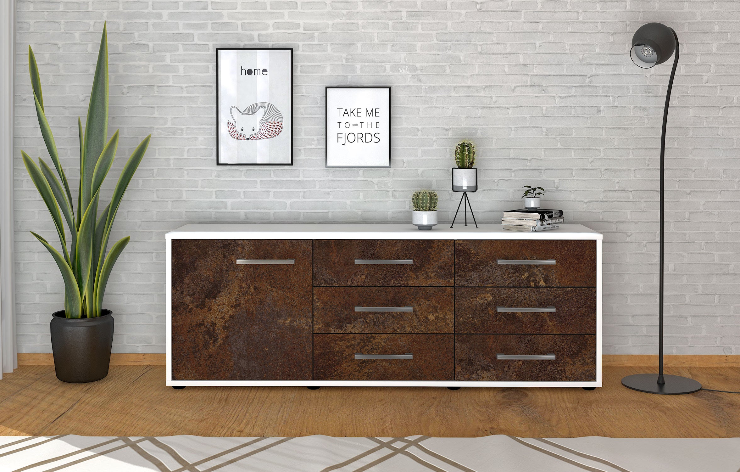 Lowboard - Amedea - Design Industrie Stil - Freistehend mit Griffe 136 cm Weiss
