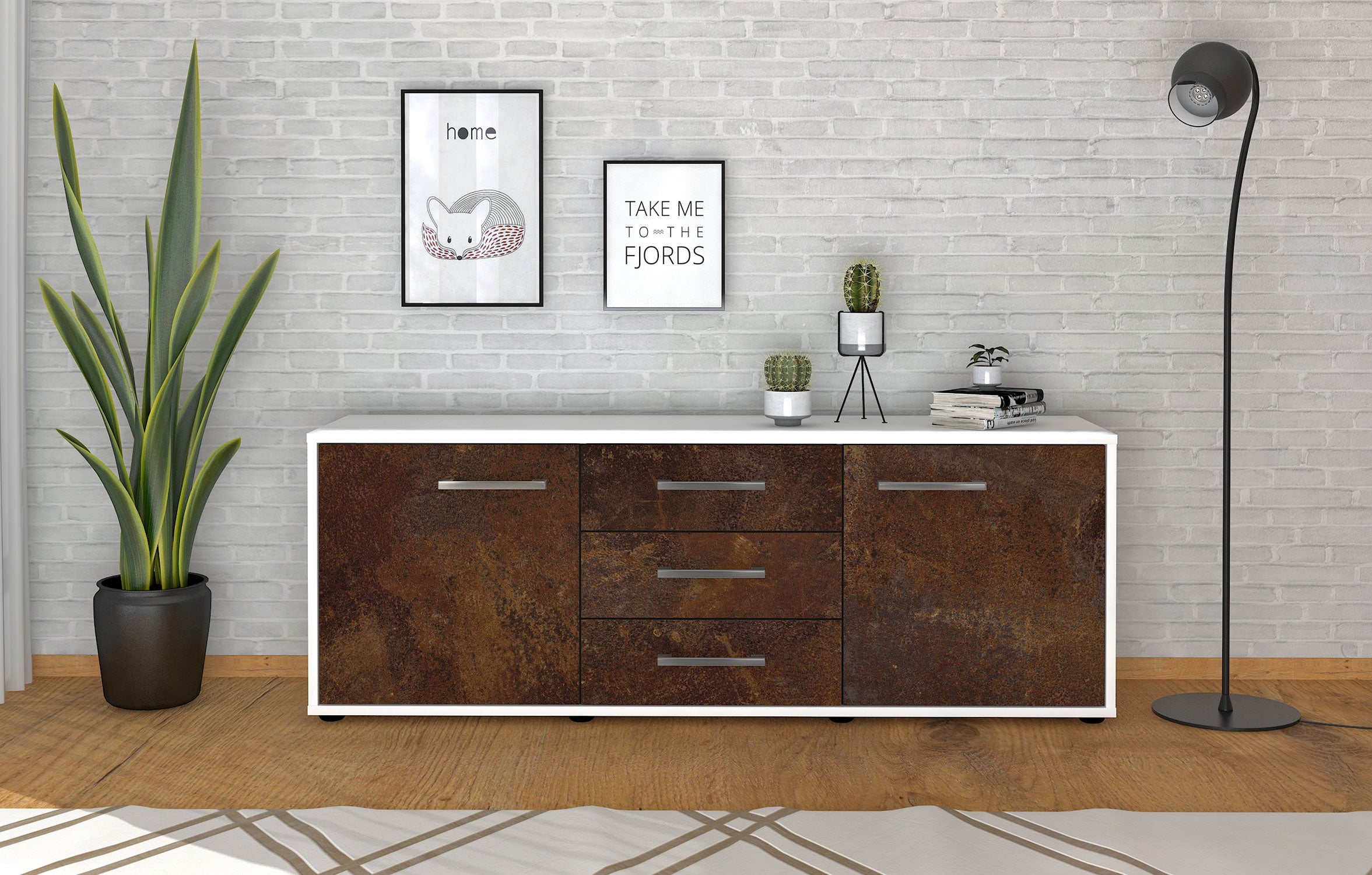 Lowboard - Ameline - Design Industrie Stil - Freistehend mit Griffe 136 cm Weiss