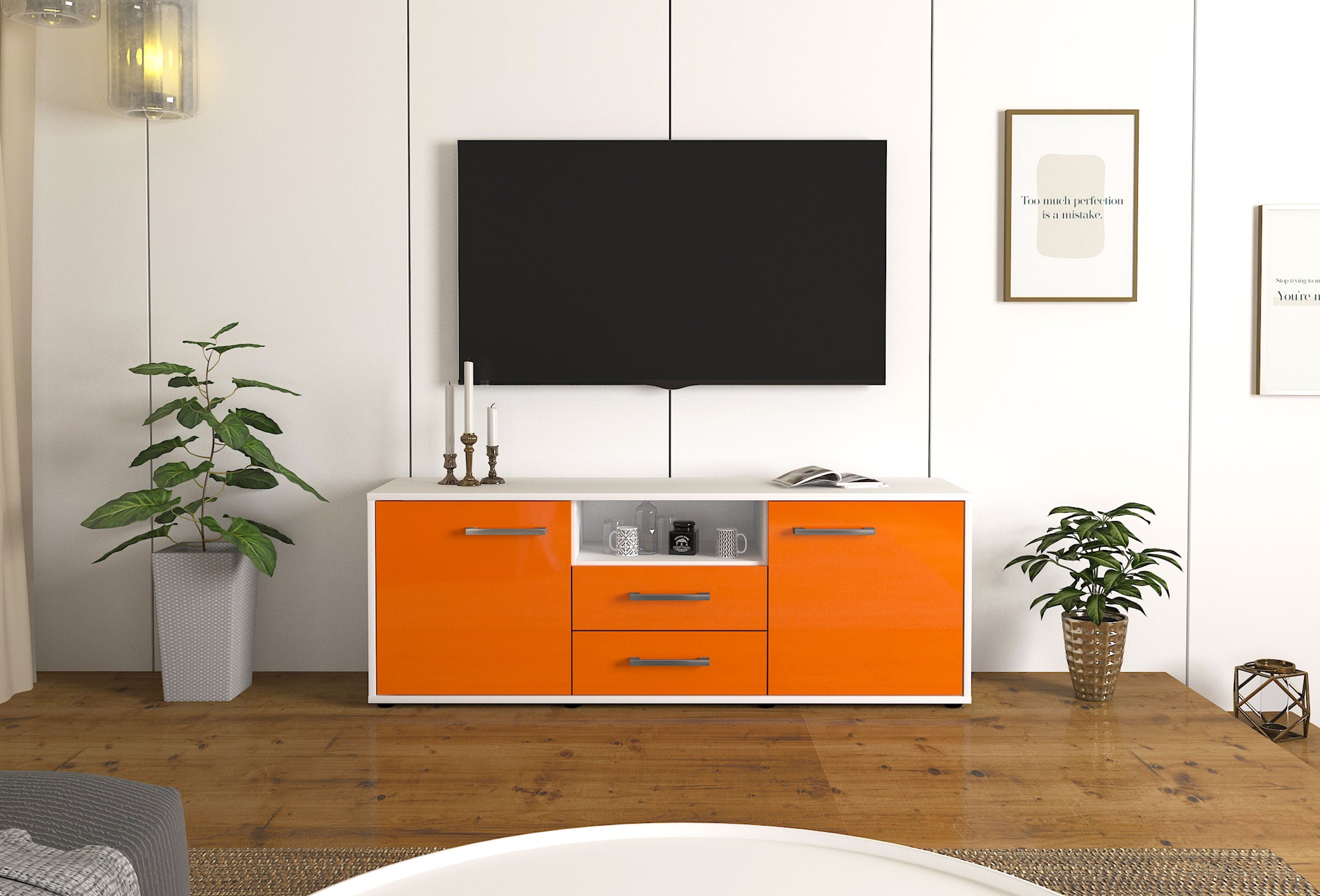 Lowboard - Ameriga - Design Hochglanz - Freistehend mit Griffe 136 cm Weiss