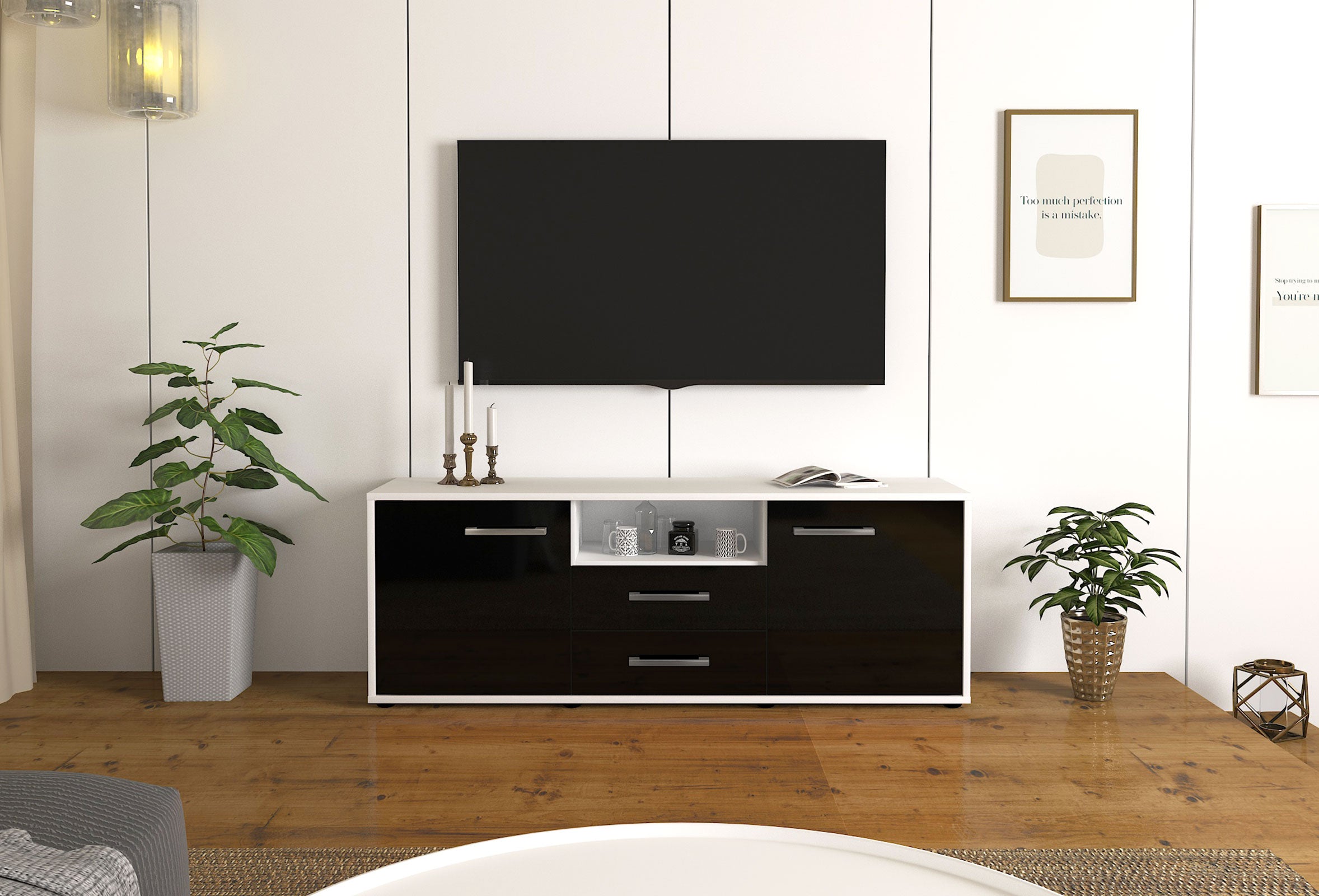 Lowboard - Ameriga - Design Hochglanz - Freistehend mit Griffe 136 cm Weiss
