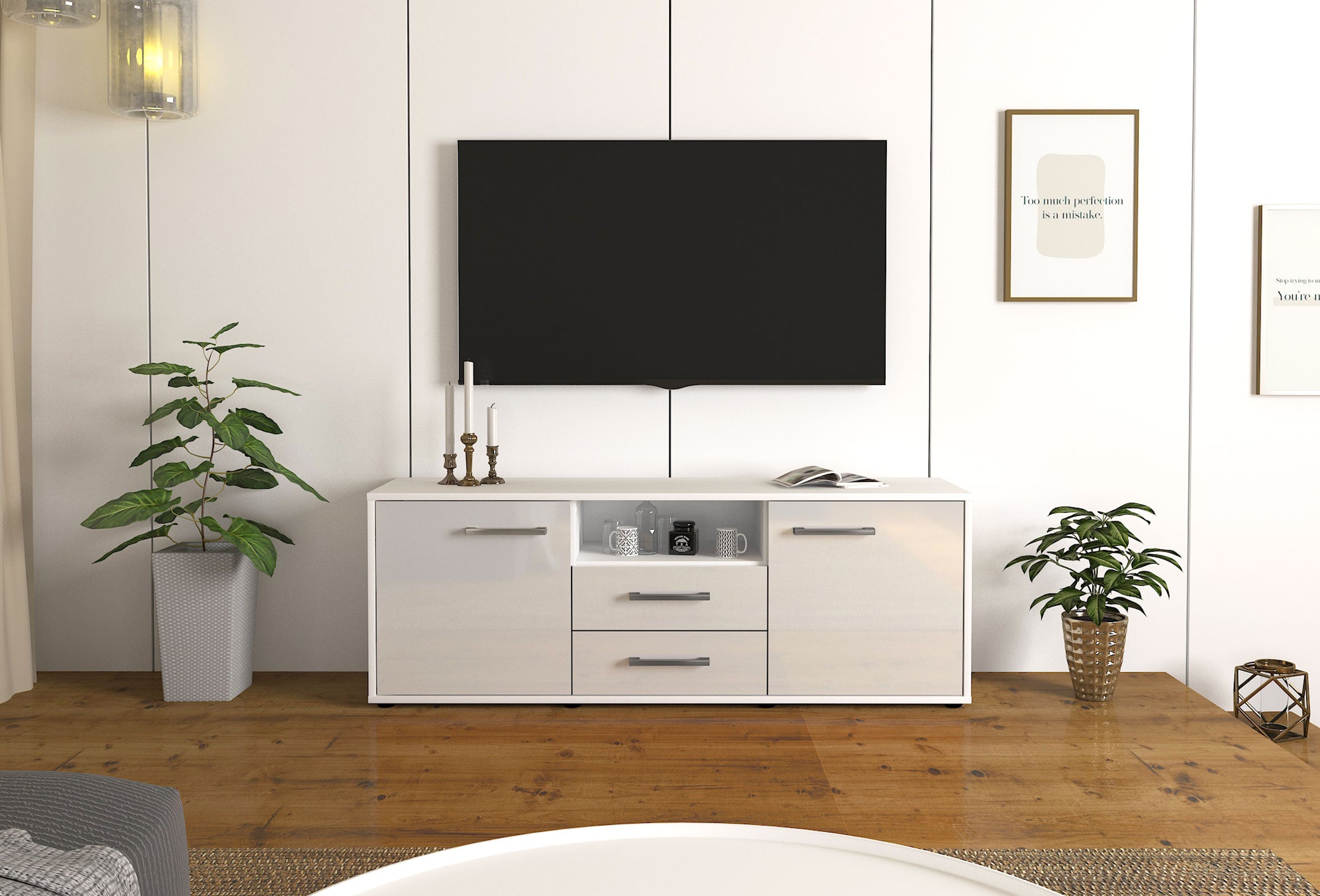 Lowboard - Ameriga - Design Hochglanz - Freistehend mit Griffe 136 cm Weiss