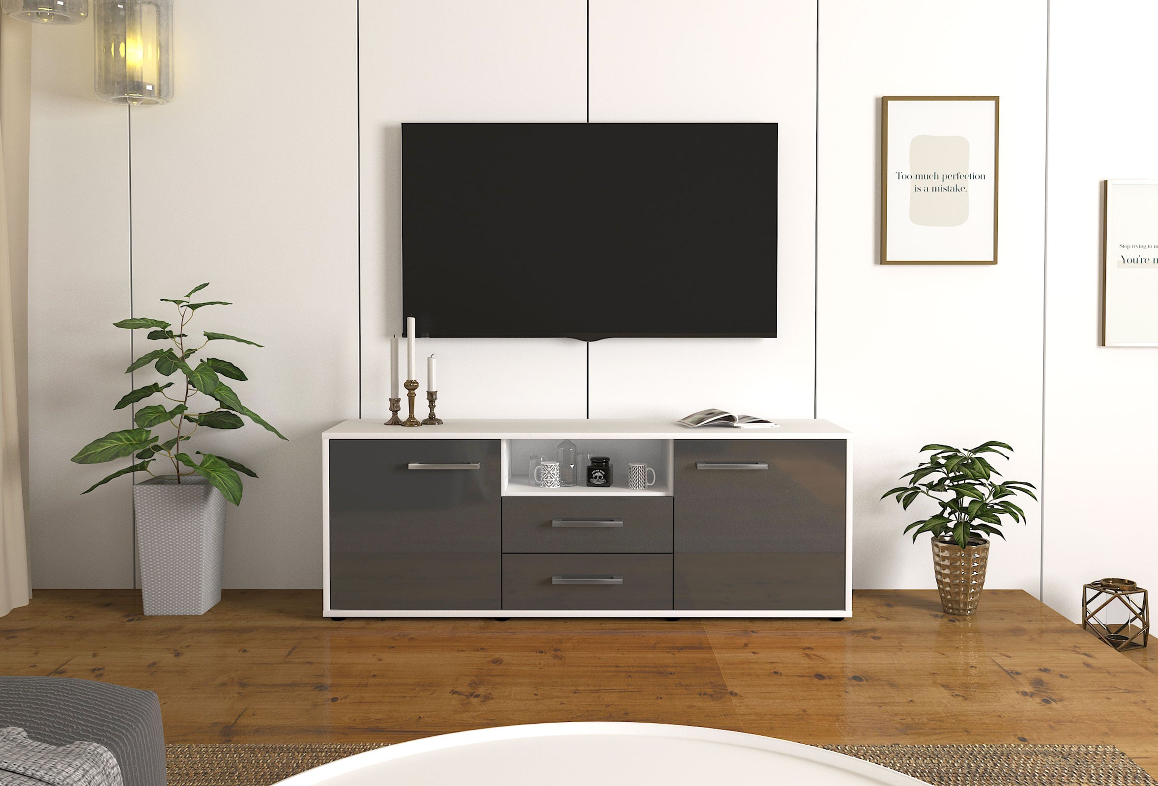 Lowboard - Ameriga - Design Hochglanz - Freistehend mit Griffe 136 cm Weiss