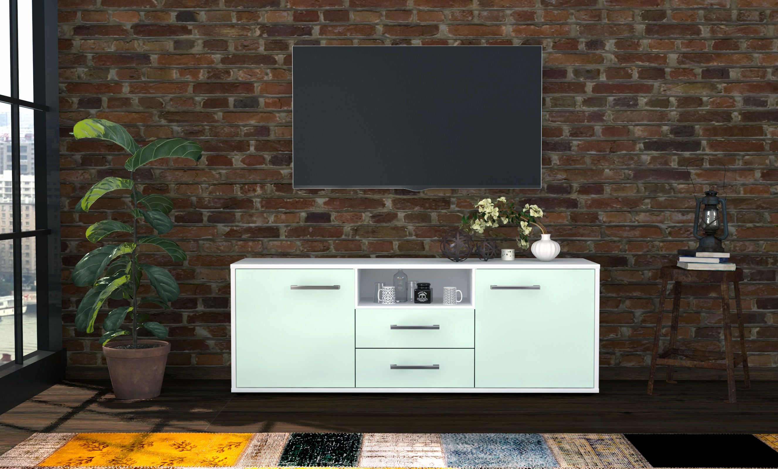 Lowboard - Ameriga - Design Farbakzent - Freistehend mit Griffe 136 cm Weiss
