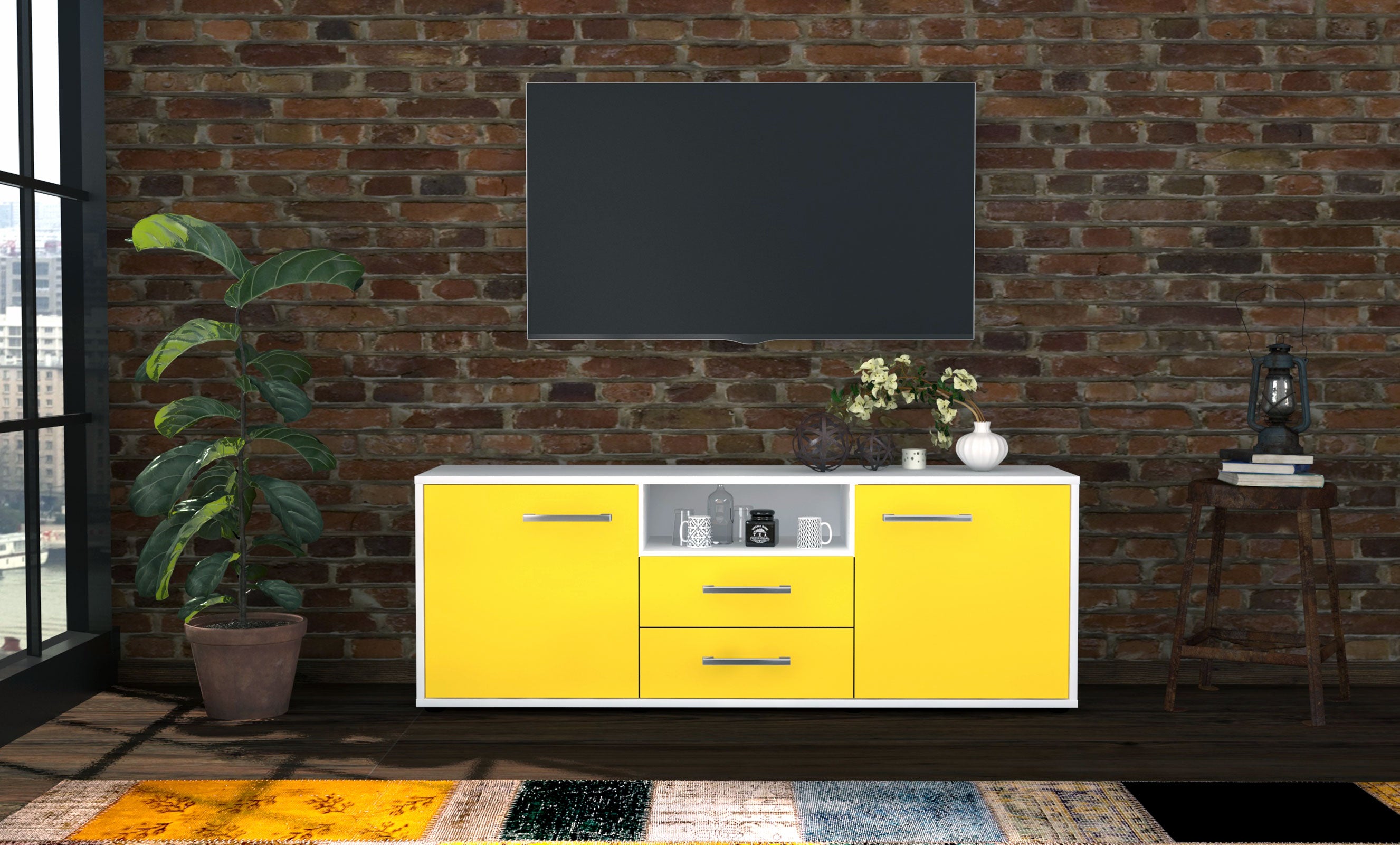 Lowboard - Ameriga - Design Farbakzent - Freistehend mit Griffe 136 cm Weiss