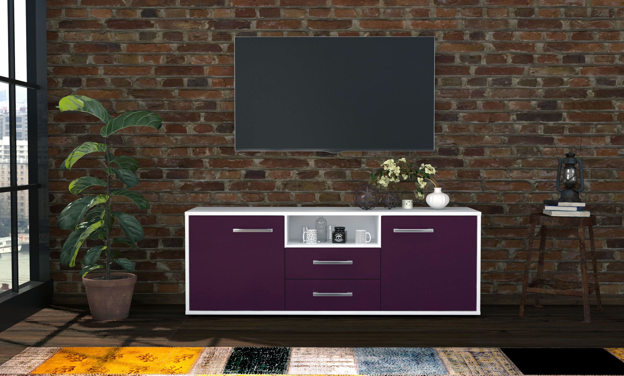 Lowboard - Ameriga - Design Farbakzent - Freistehend mit Griffe 136 cm Weiss