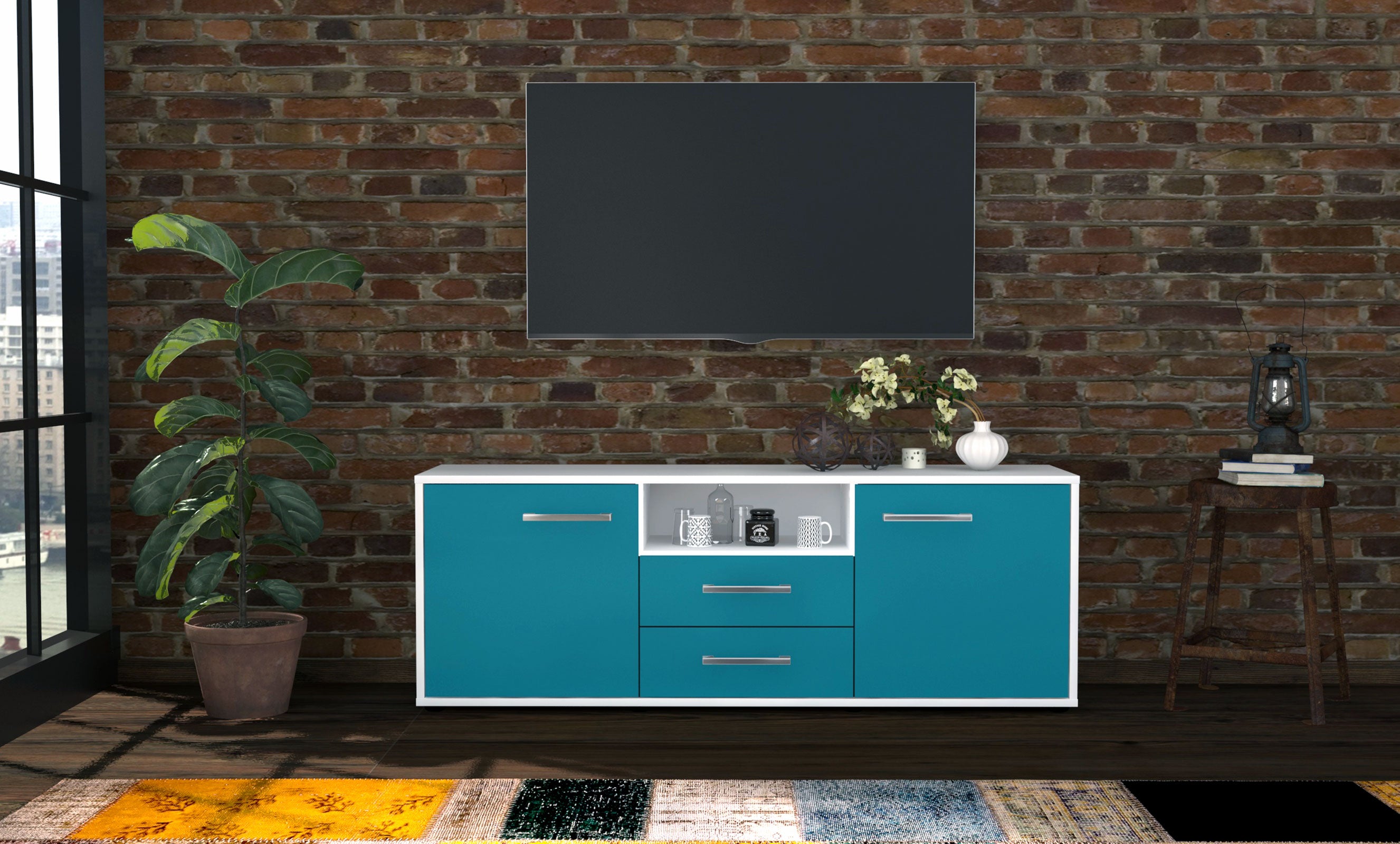 Lowboard - Ameriga - Design Farbakzent - Freistehend mit Griffe 136 cm Weiss