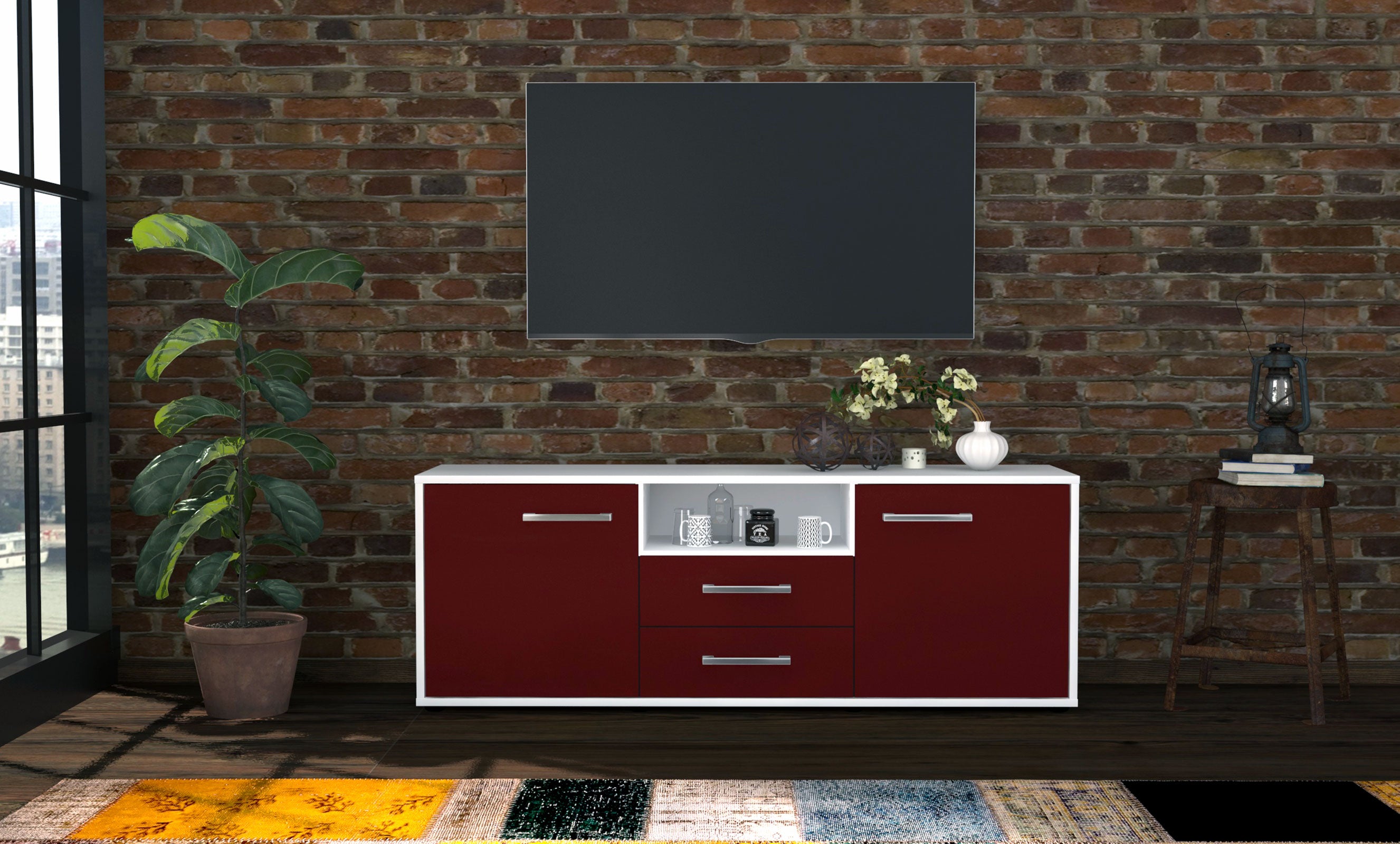 Lowboard - Ameriga - Design Farbakzent - Freistehend mit Griffe 136 cm Weiss
