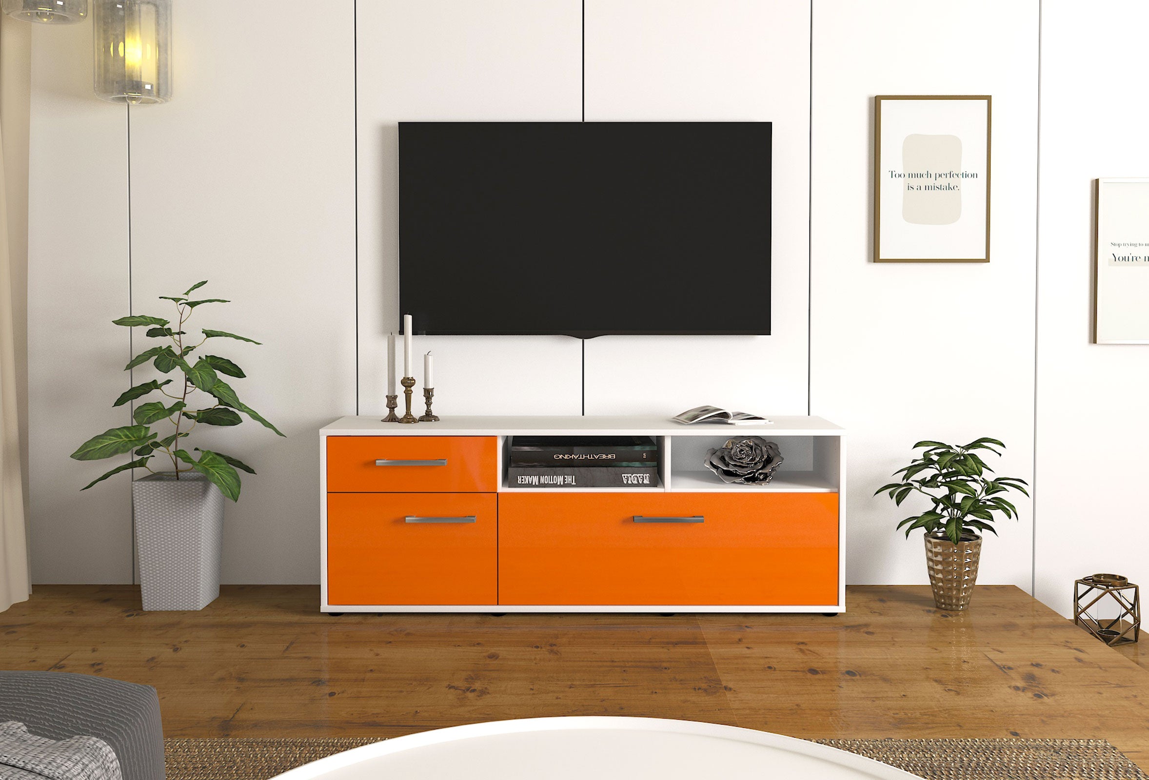 Lowboard - Amisa - Design Hochglanz - Freistehend mit Griffe 136 cm Weiss