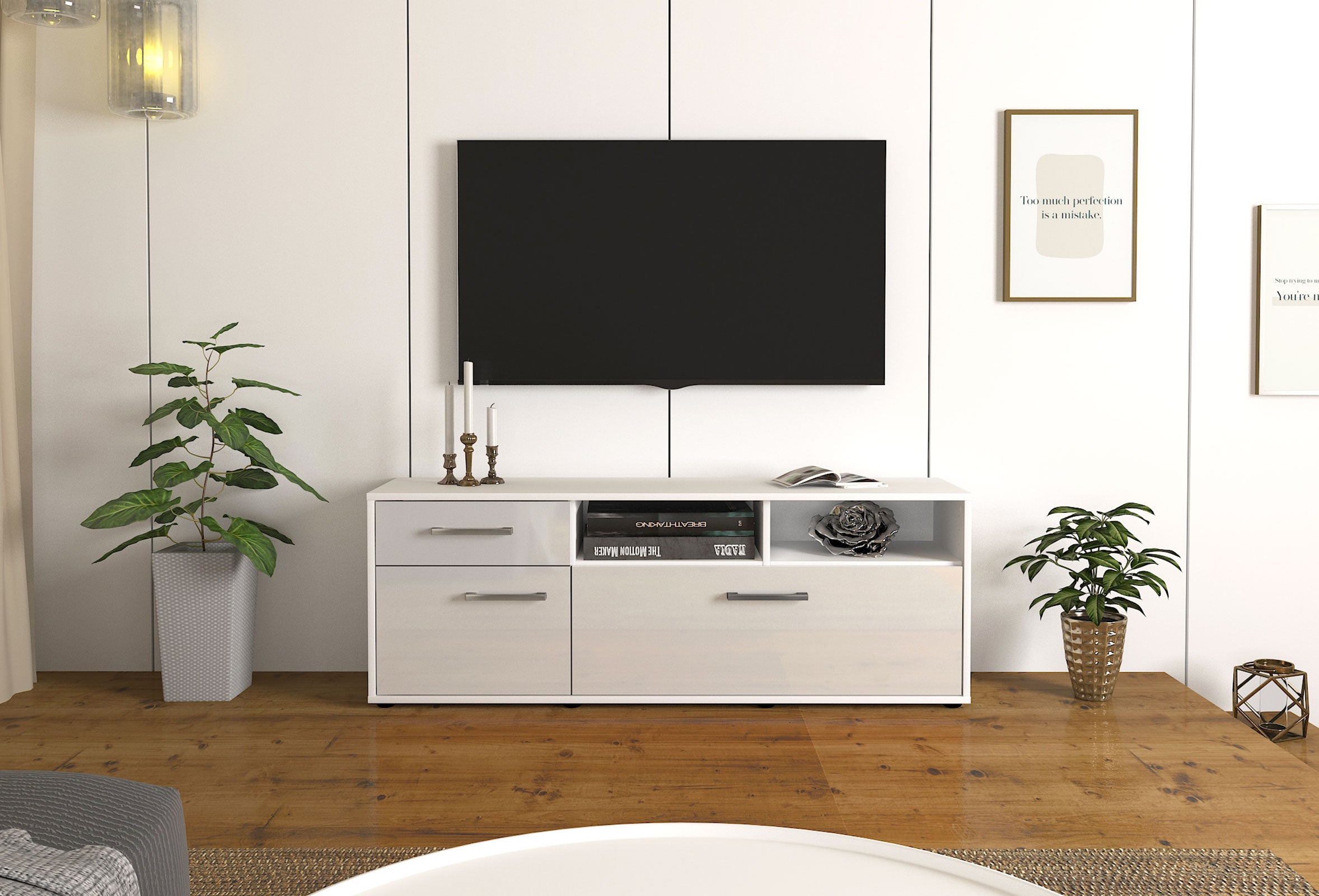 Lowboard - Amisa - Design Hochglanz - Freistehend mit Griffe 136 cm Weiss