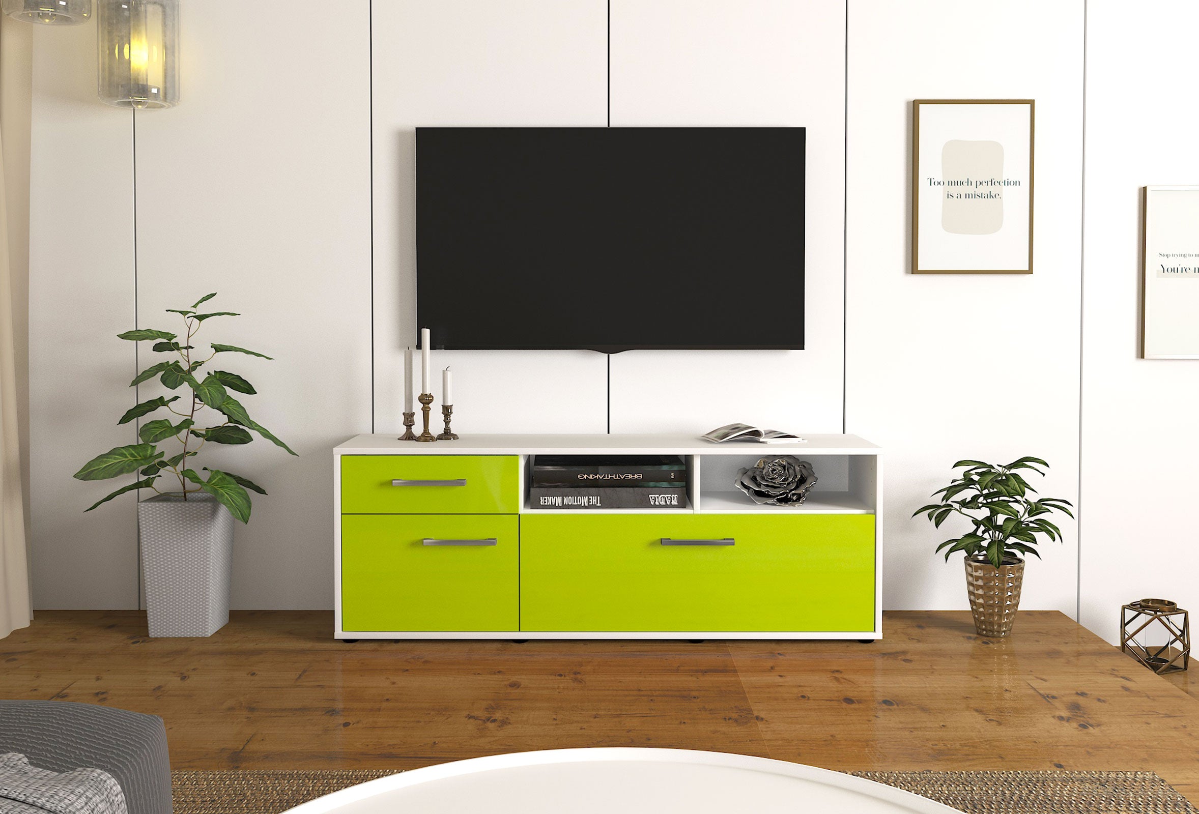 Lowboard - Amisa - Design Hochglanz - Freistehend mit Griffe 136 cm Weiss