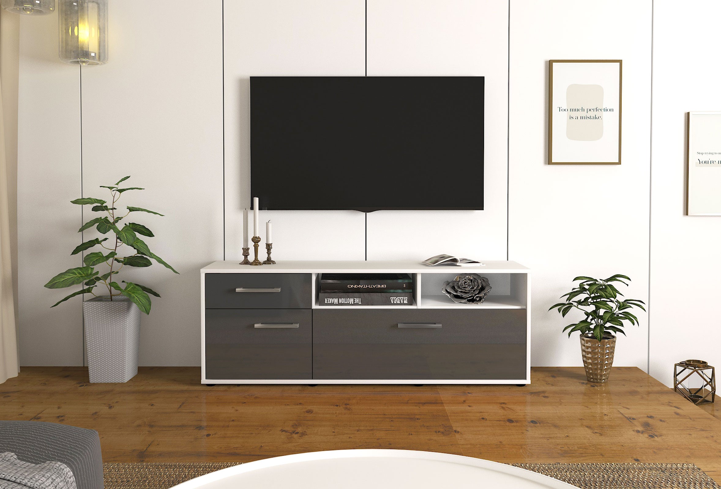Lowboard - Amisa - Design Hochglanz - Freistehend mit Griffe 136 cm Weiss