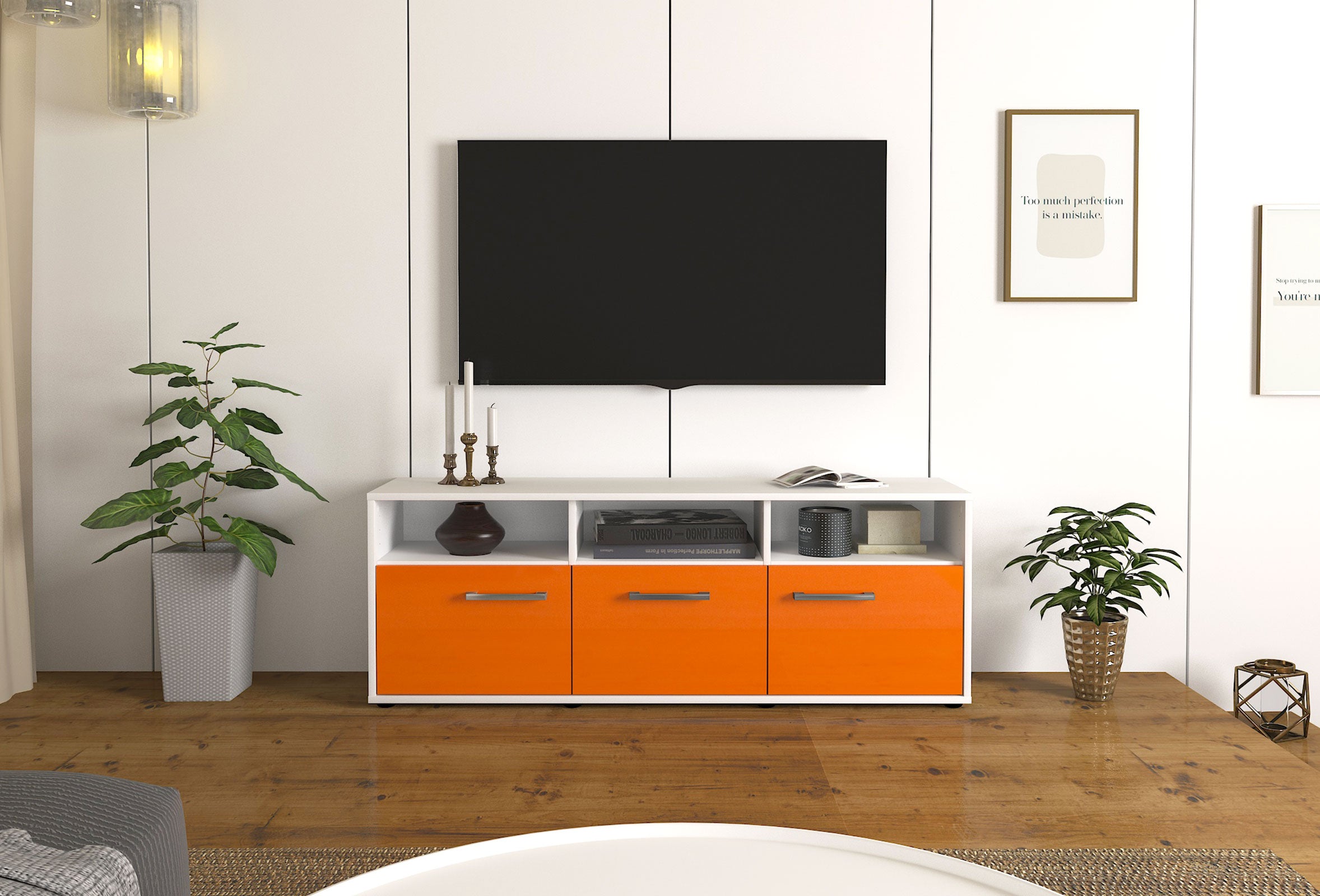 Lowboard - Andrina - Design Hochglanz - Freistehend mit Griffe 136 cm Weiss