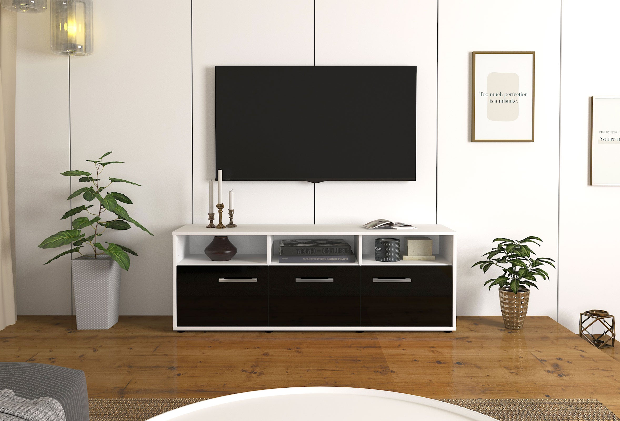 Lowboard - Andrina - Design Hochglanz - Freistehend mit Griffe 136 cm Weiss