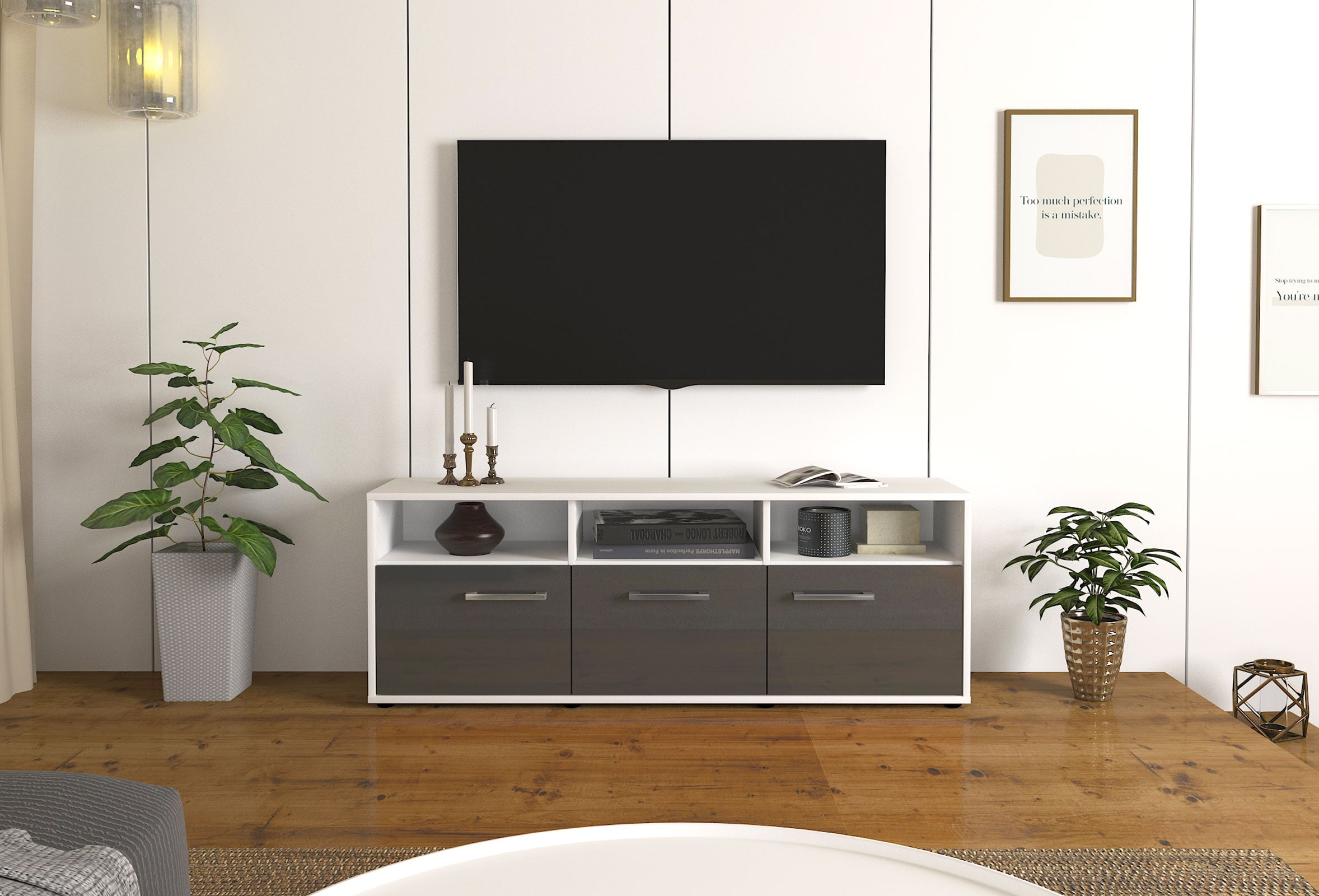 Lowboard - Andrina - Design Hochglanz - Freistehend mit Griffe 136 cm Weiss